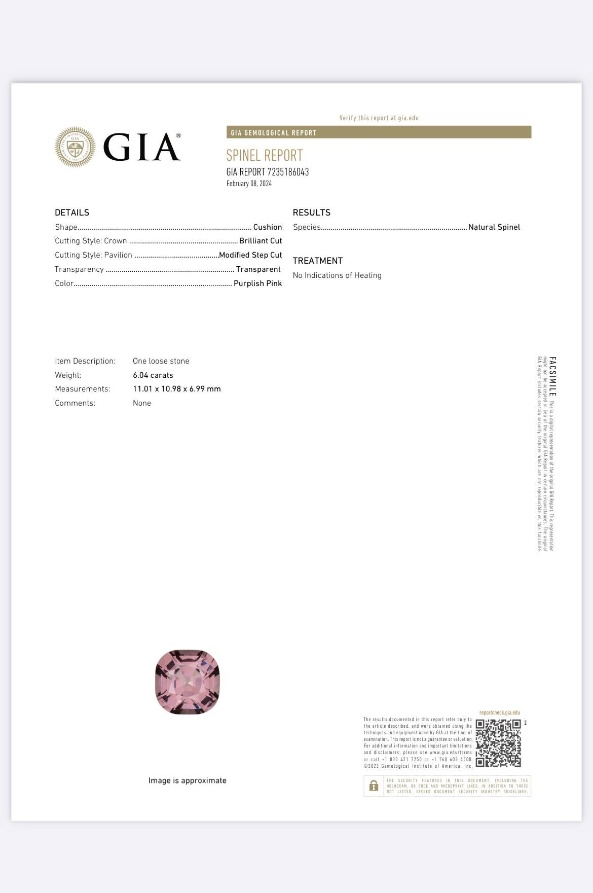 This enticing 6.04-carat, untreated GIA certified, Burmese purple spinel is complemented by two half moon-cut, fourteen pear-cut and 42 round icy white diamonds. The jewels are presented in 18K yellow gold with platinum. 

Spinel is highly sought