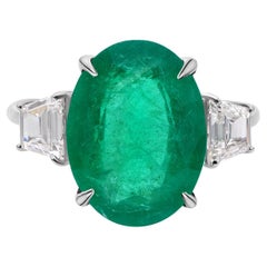 6.04ct Oval Zambian Emerald 0.77ct Diamond Three Stone Ring 14k White Gold