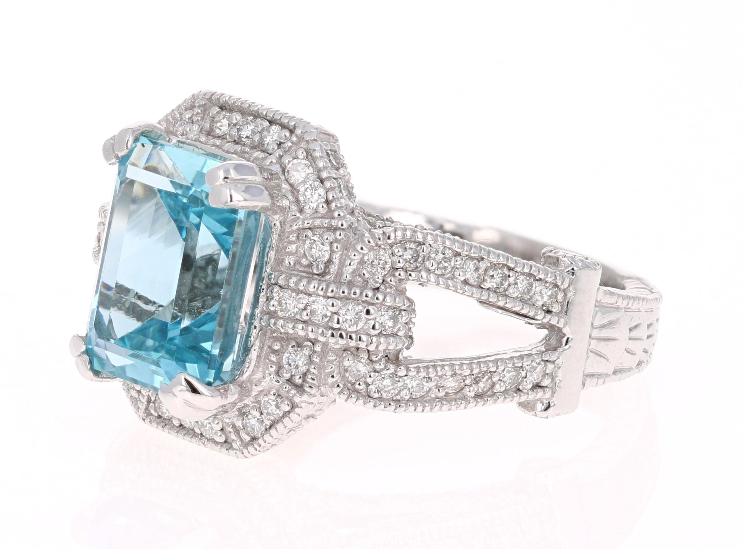 Art Deco 6.05 Carat Aquamarine Diamond White Gold Cocktail Ring