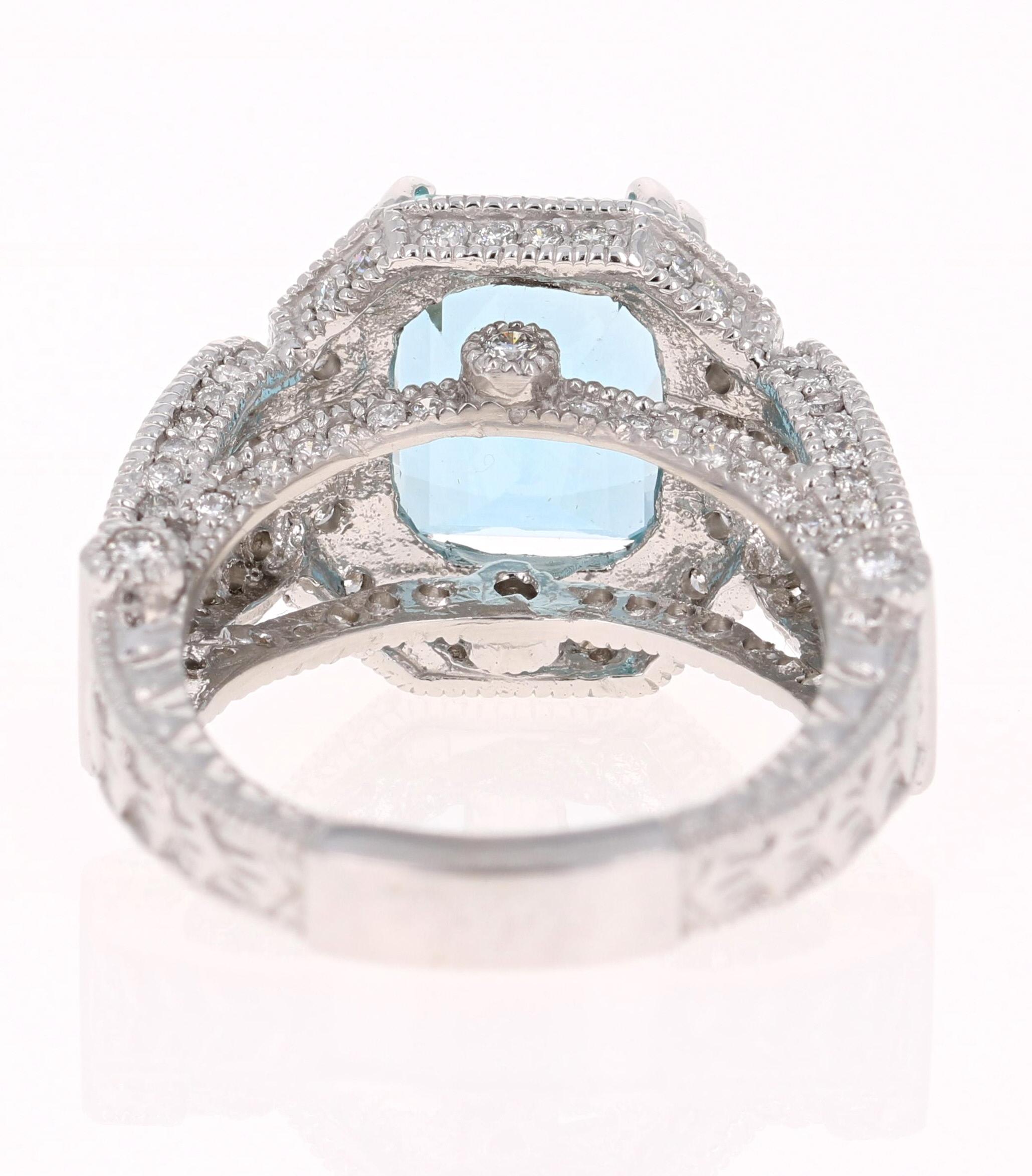 Emerald Cut 6.05 Carat Aquamarine Diamond White Gold Cocktail Ring For Sale