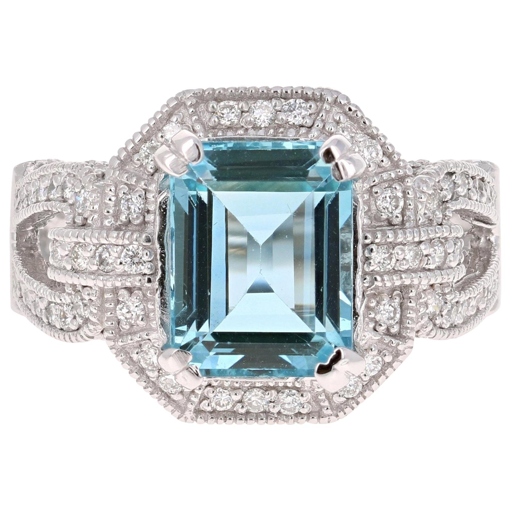 6.05 Carat Aquamarine Diamond White Gold Cocktail Ring For Sale