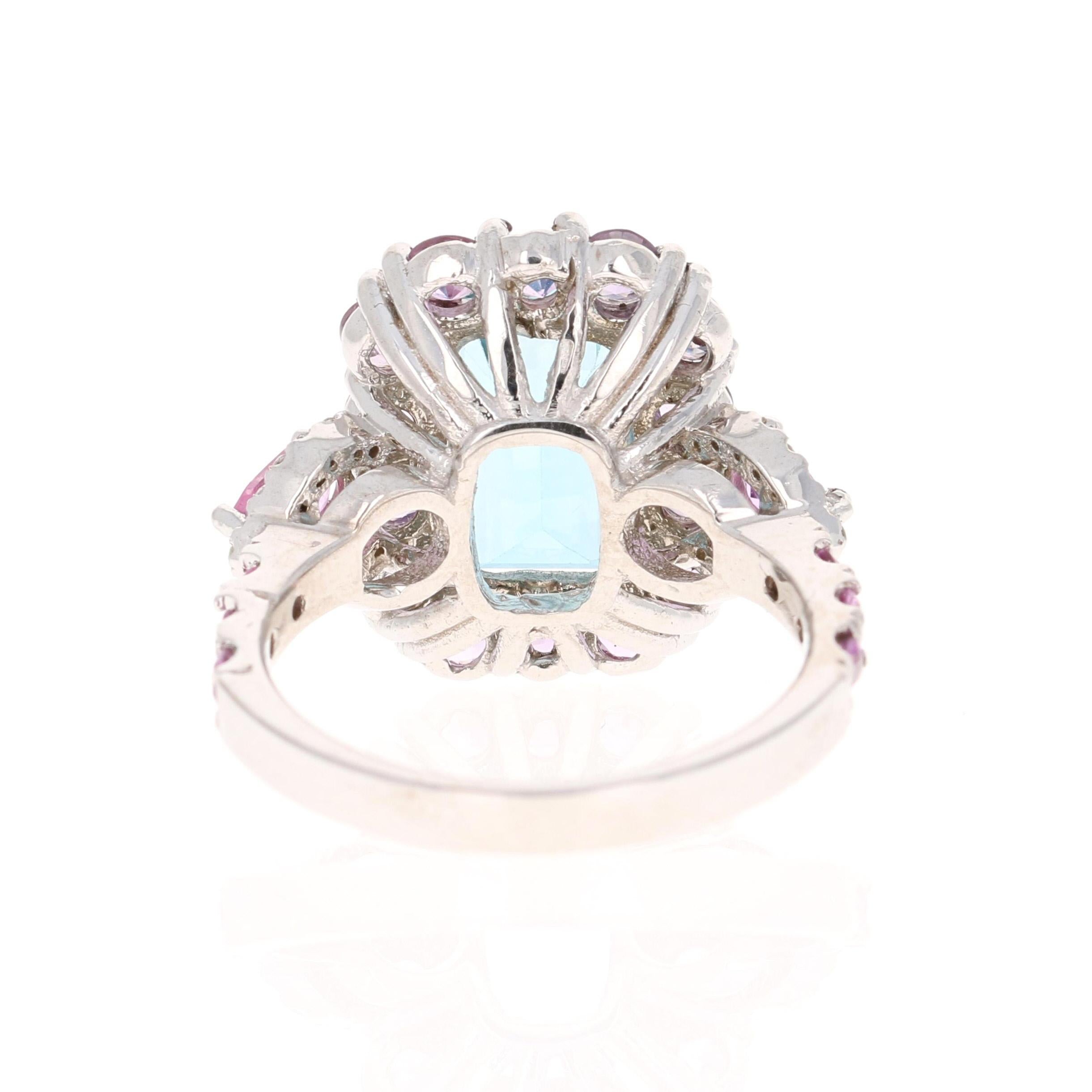 Contemporary 6.05 Carat Aquamarine Pink Sapphire Diamond 14 Karat White Gold Engagement Ring