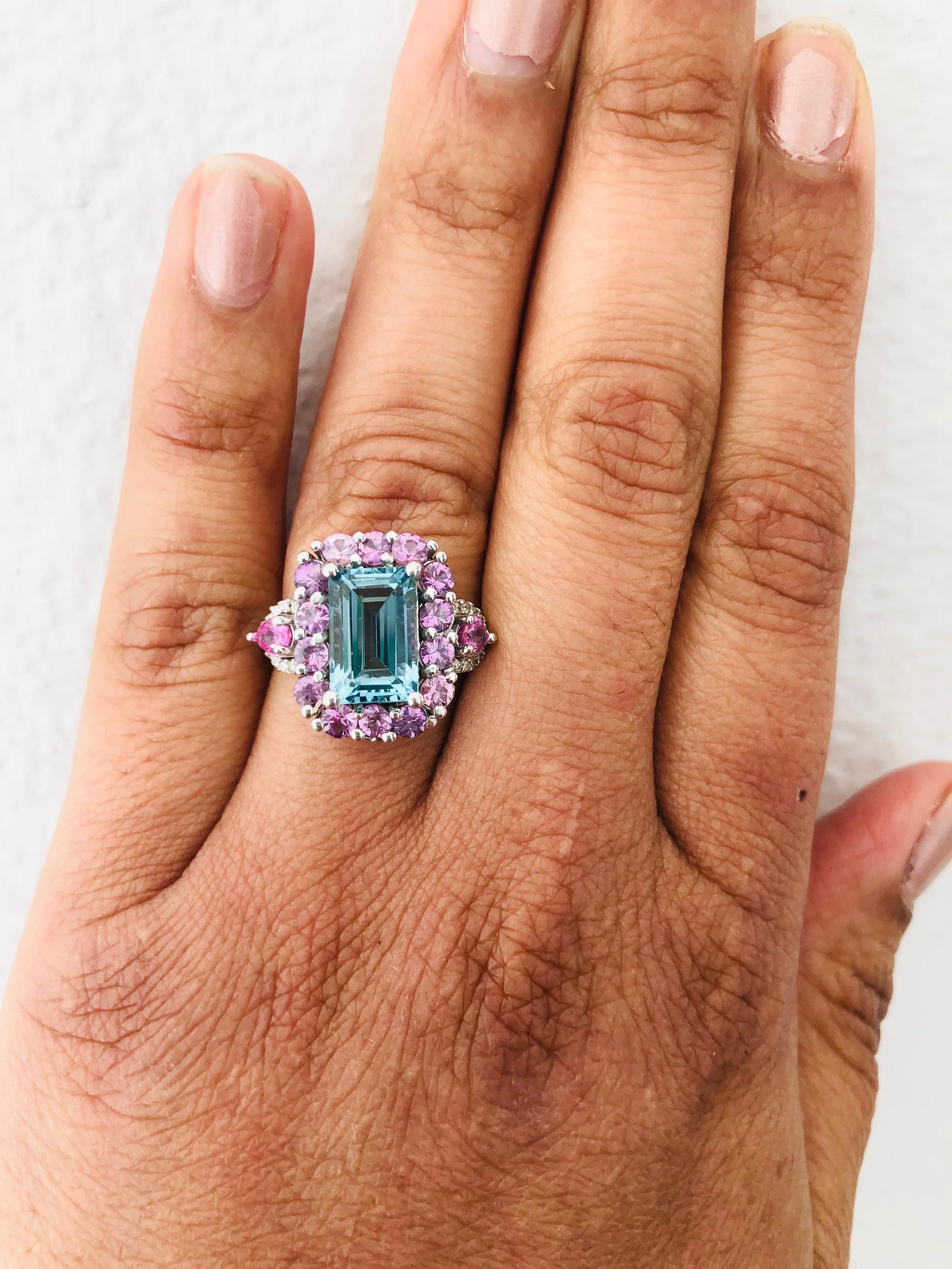 Emerald Cut 6.05 Carat Aquamarine Pink Sapphire Diamond 14 Karat White Gold Engagement Ring