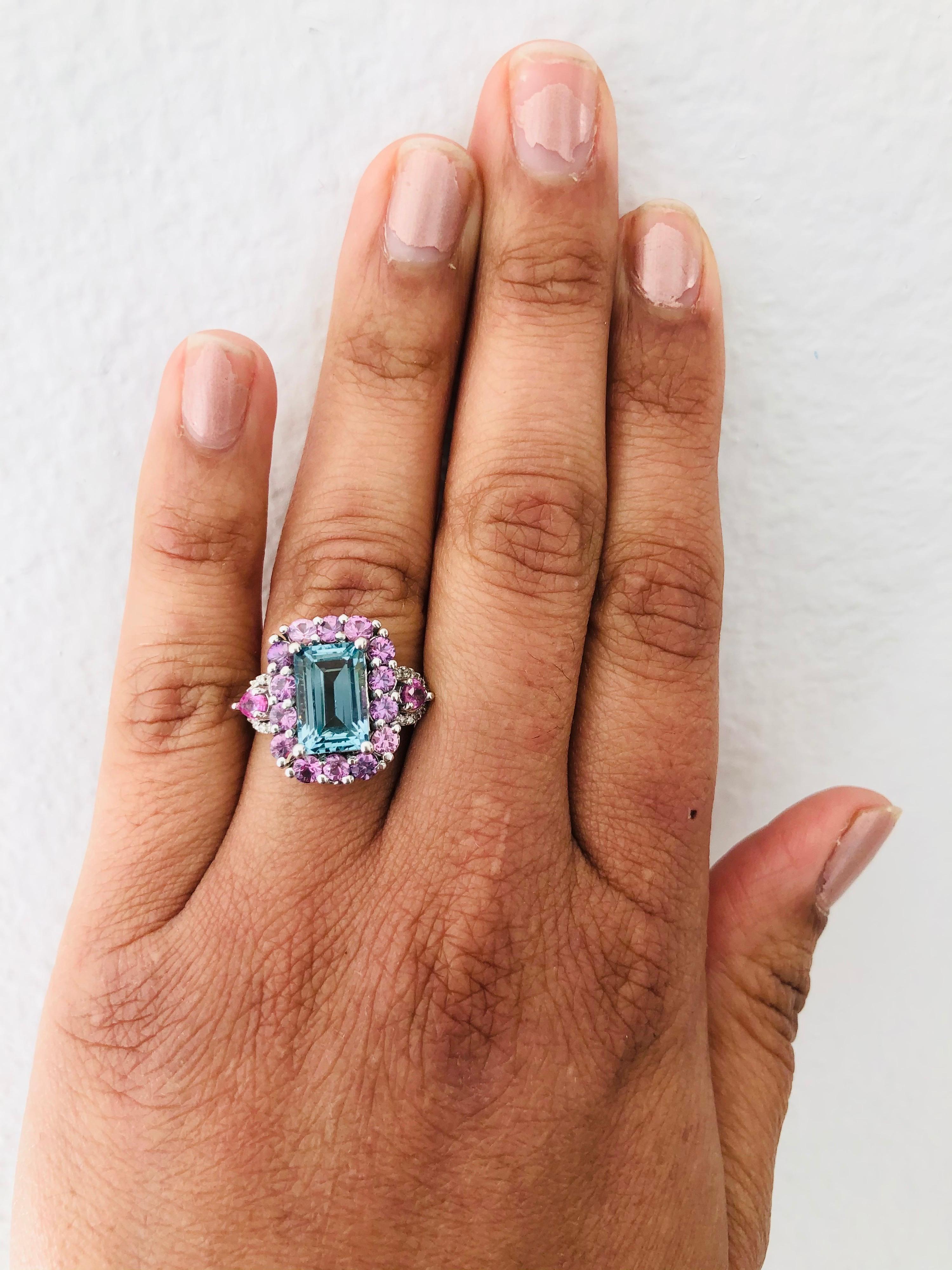 6.05 Carat Aquamarine Pink Sapphire Diamond 14 Karat White Gold Engagement Ring In New Condition In Los Angeles, CA