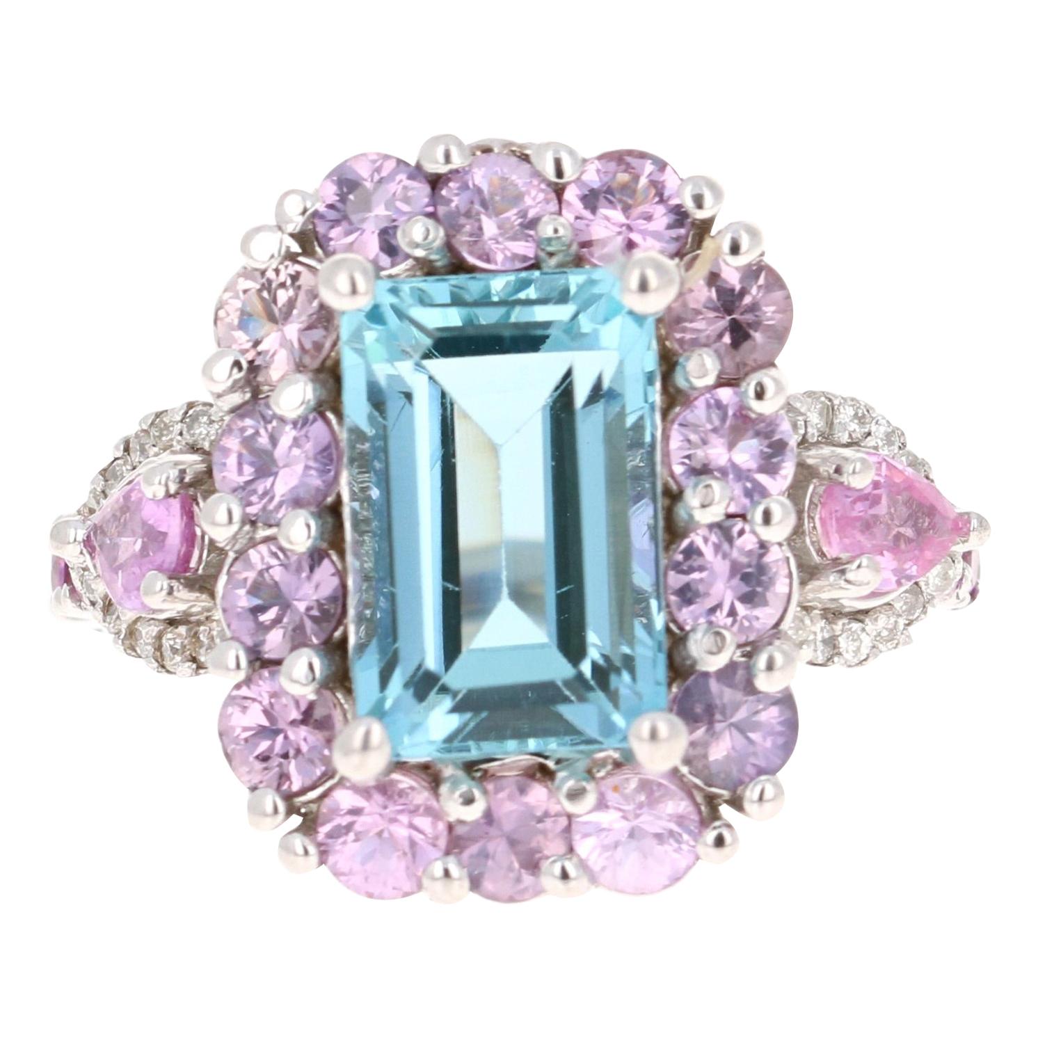 6.05 Carat Aquamarine Pink Sapphire Diamond 14 Karat White Gold Engagement Ring