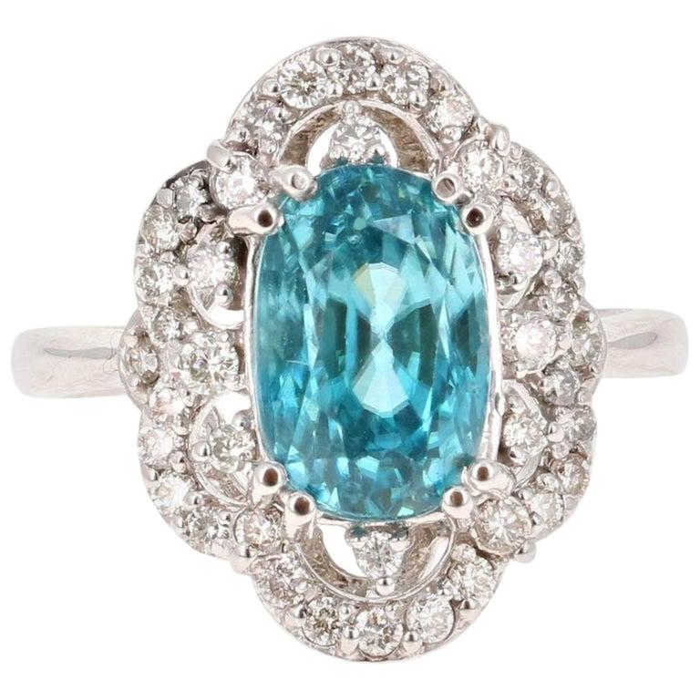14 Karat Weißgold Ring mit 6,05 Karat blauem Zirkon-Diamant im Angebot