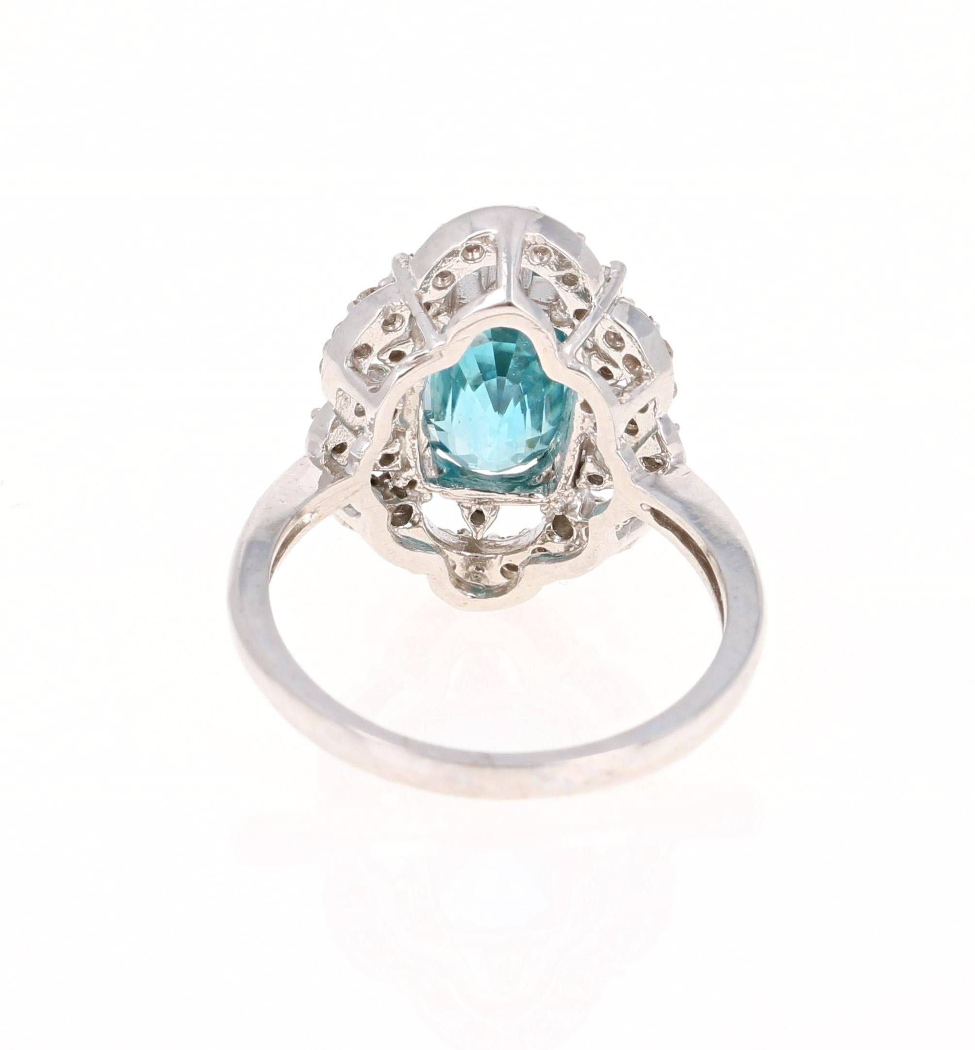 Art Deco 6.05 Carat Blue Zircon Diamond White Gold Ring