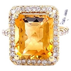6.05 Carat Emerald Cut Citrine Diamond 14 Karat Yellow Gold Engagement Ring