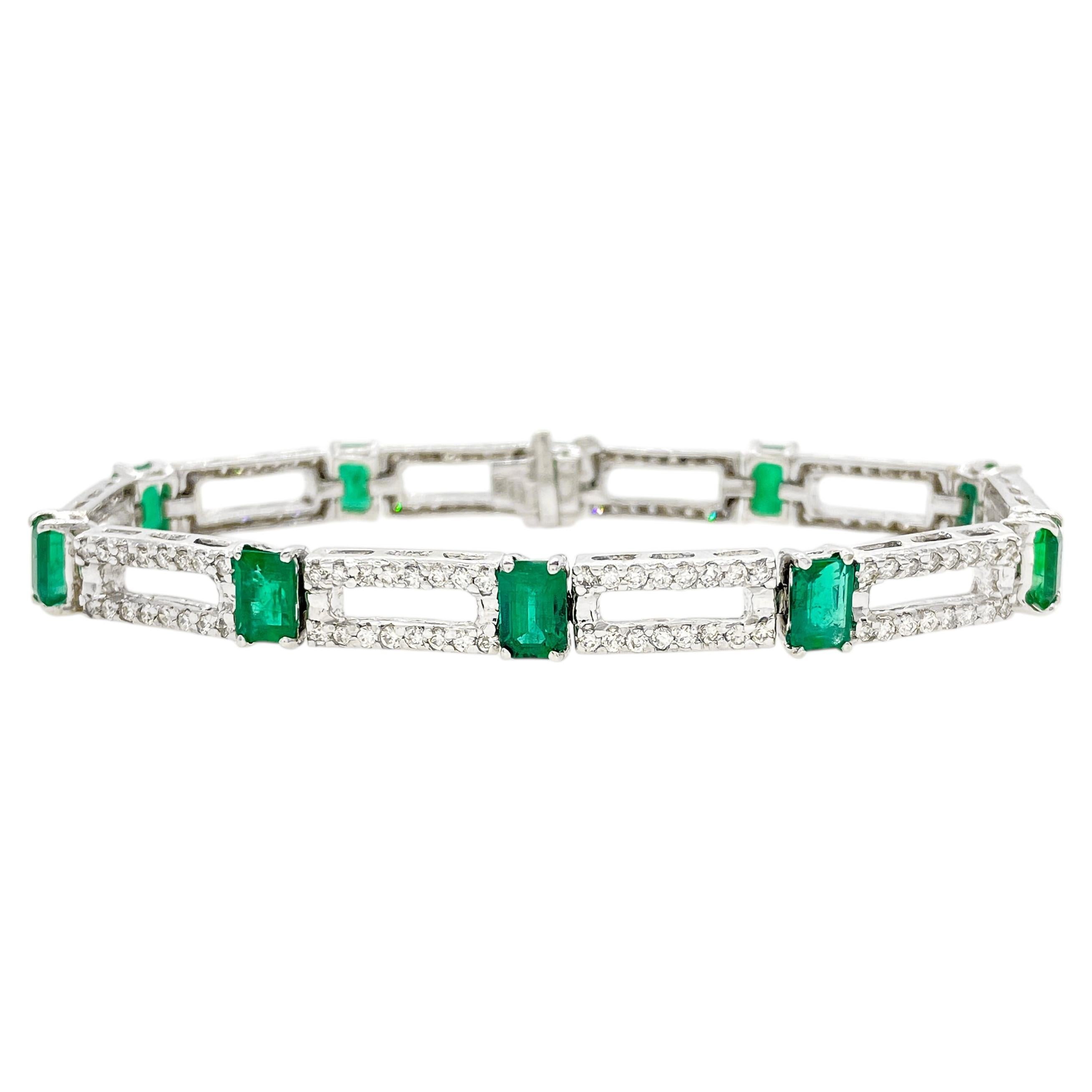 Pulsera de diamantes esmeralda de 6,05 quilates Pulsera de tenis de oro blanco de 14 quilates talla esmeralda