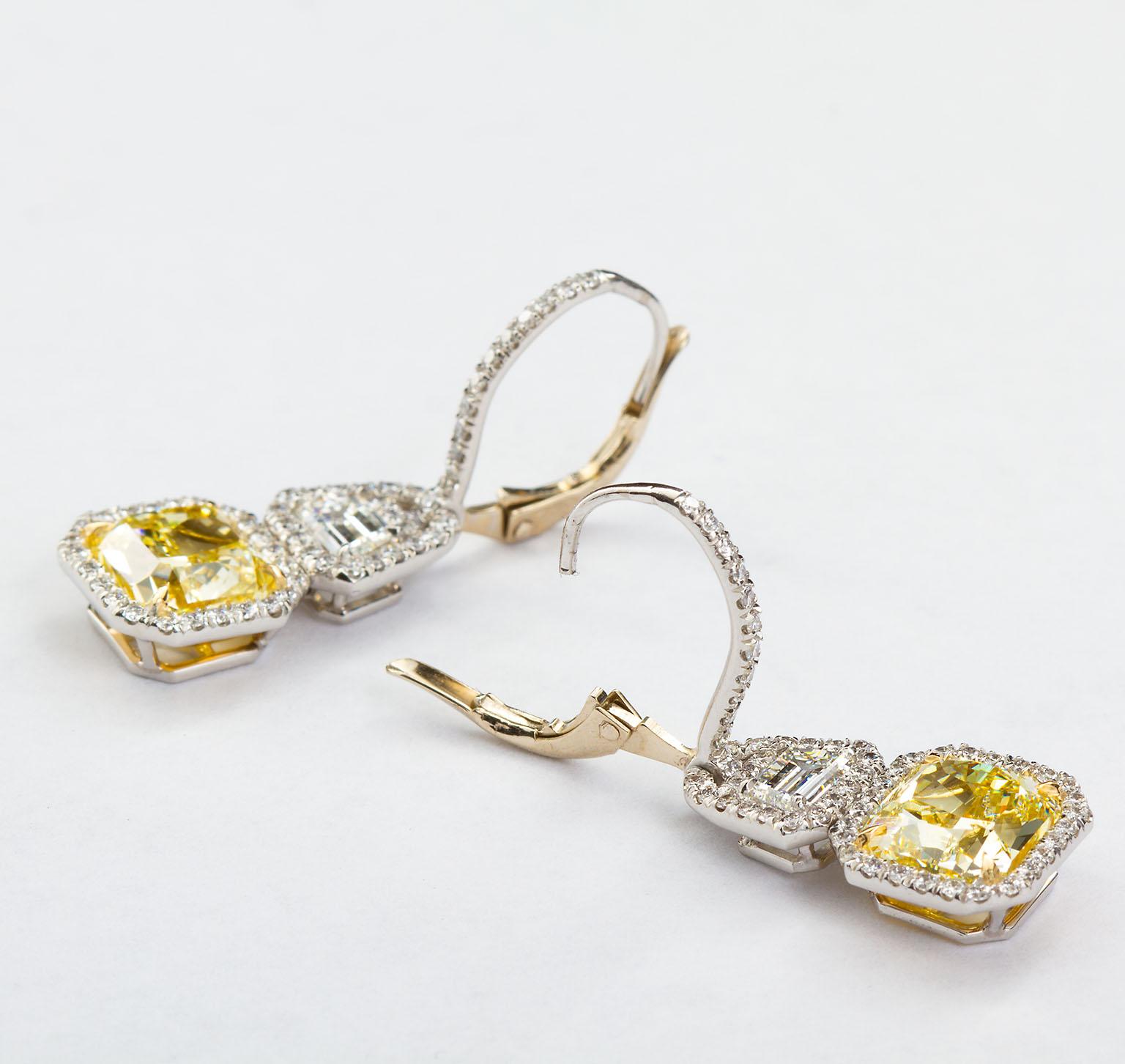 6.05 Carat Fancy Yellow Radiant Cut Diamond Dangle Earrings GIA Damen