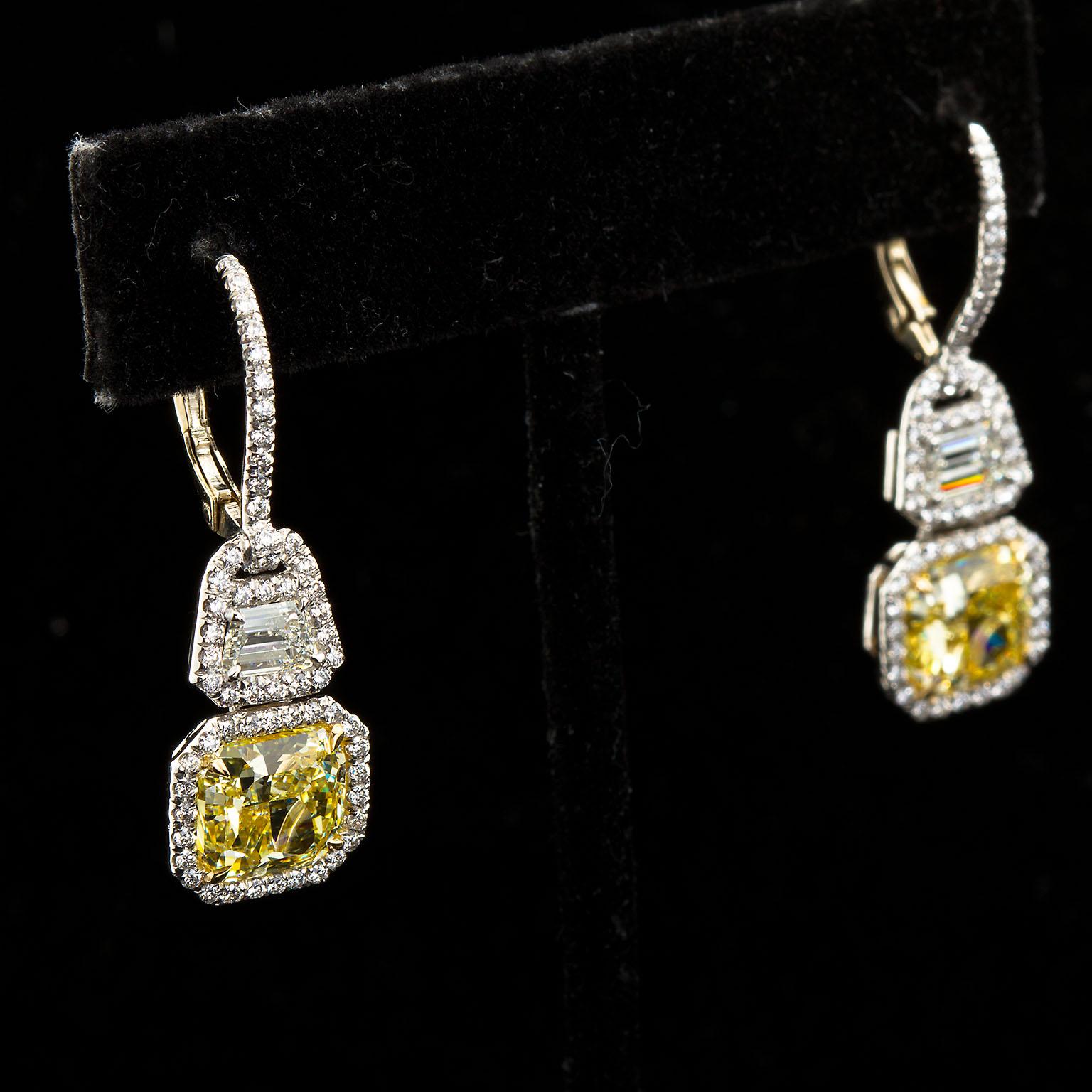 6.05 Carat Fancy Yellow Radiant Cut Diamond Dangle Earrings GIA 1