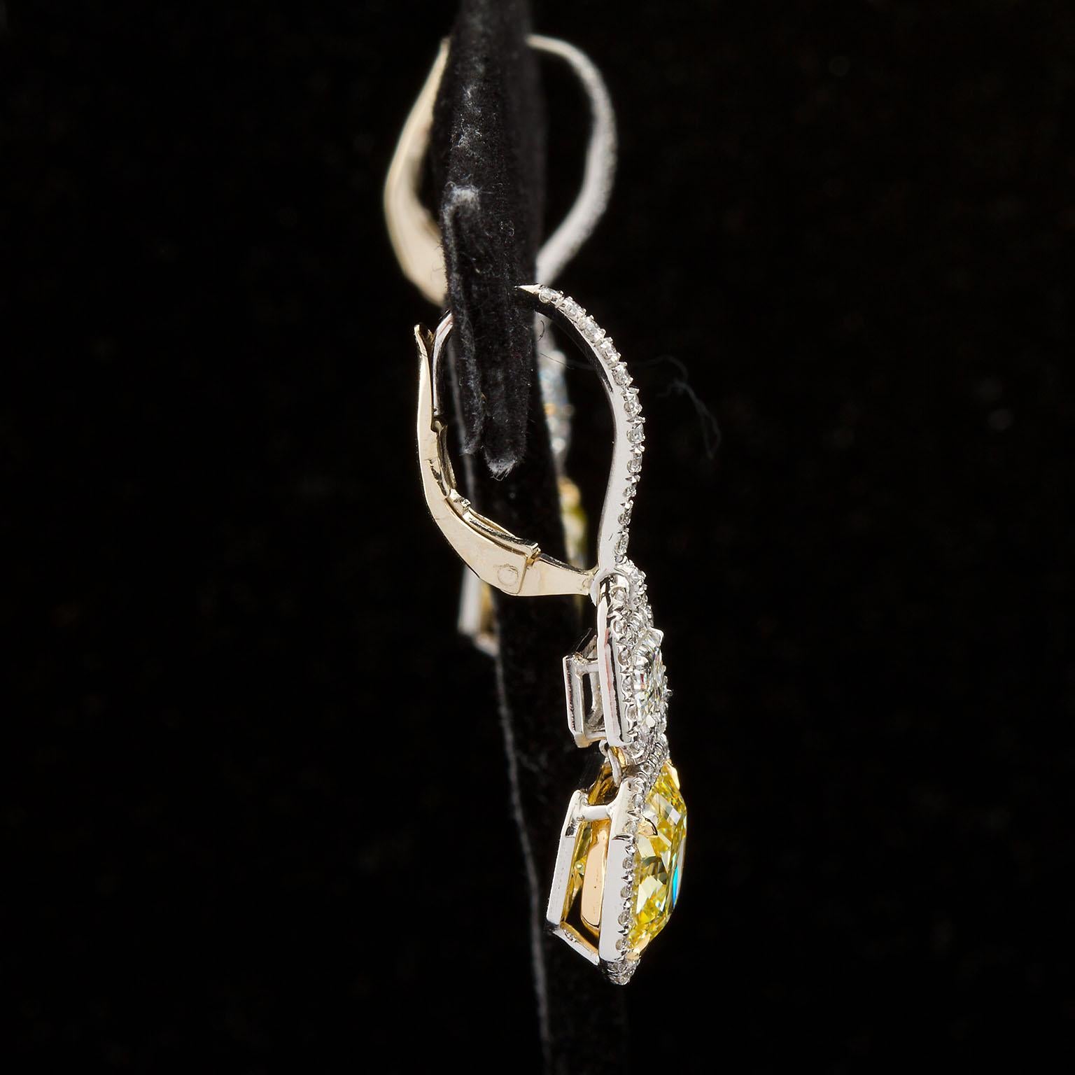 6.05 Carat Fancy Yellow Radiant Cut Diamond Dangle Earrings GIA 2
