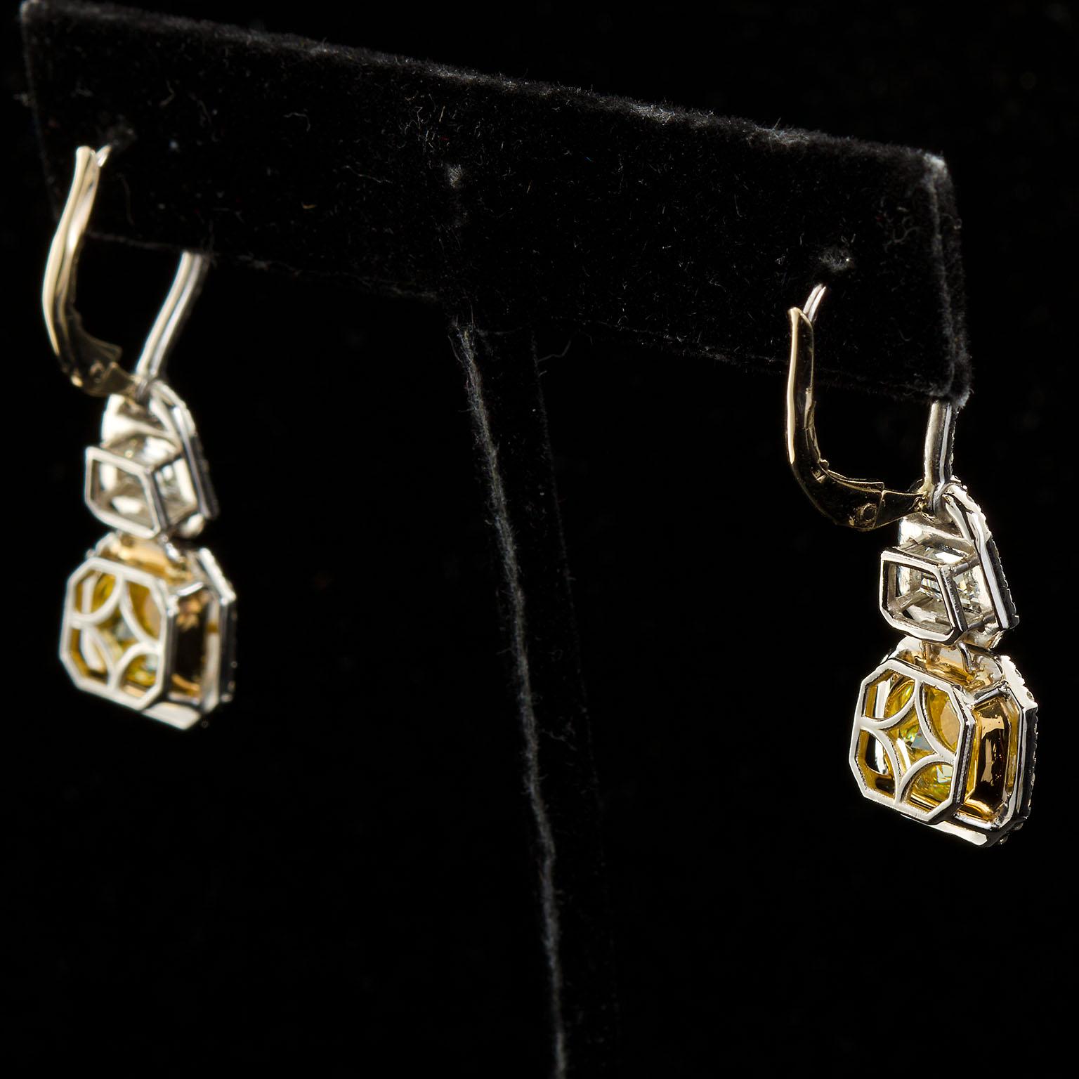 6.05 Carat Fancy Yellow Radiant Cut Diamond Dangle Earrings GIA 3