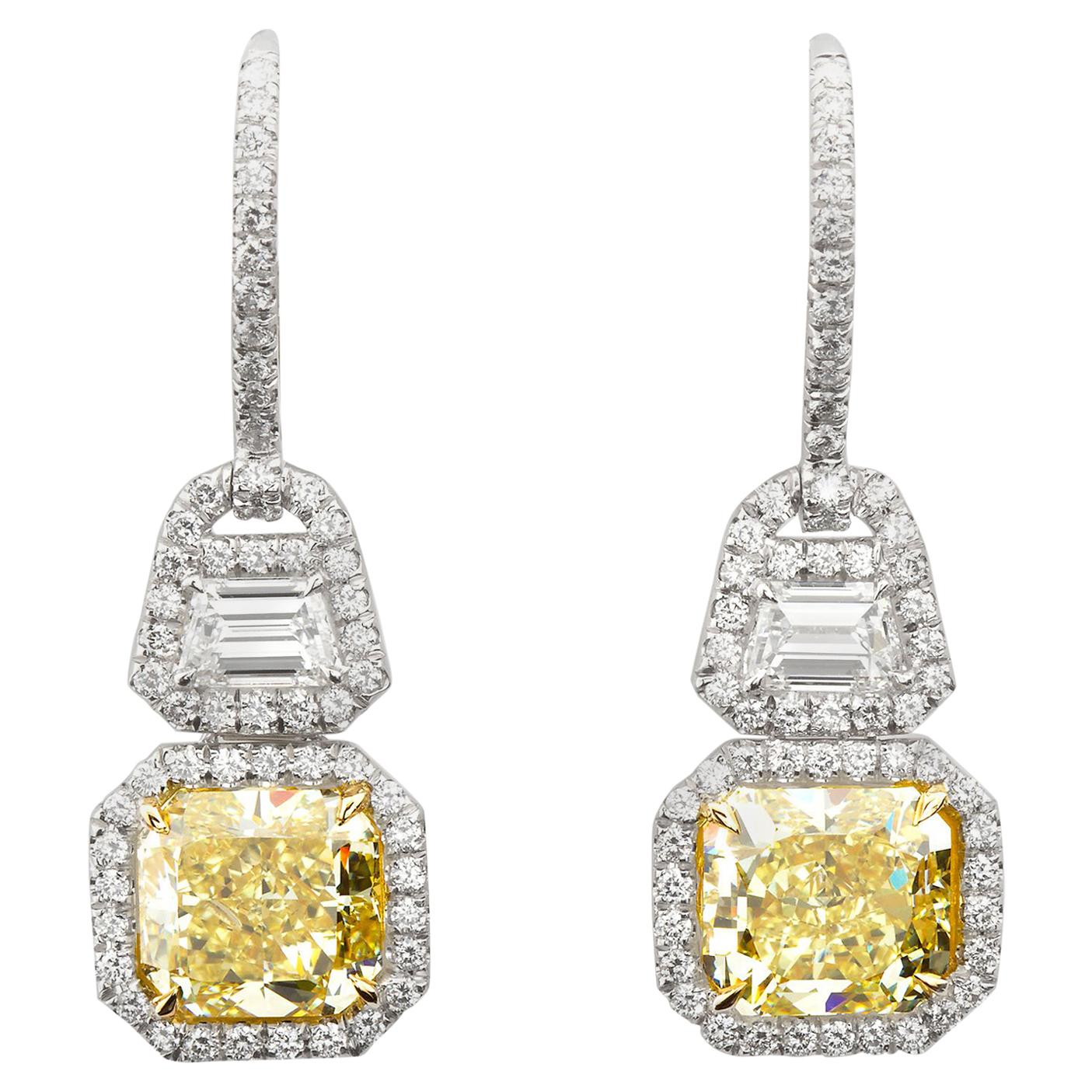 6.05 Carat Fancy Yellow Radiant Cut Diamond Dangle Earrings GIA