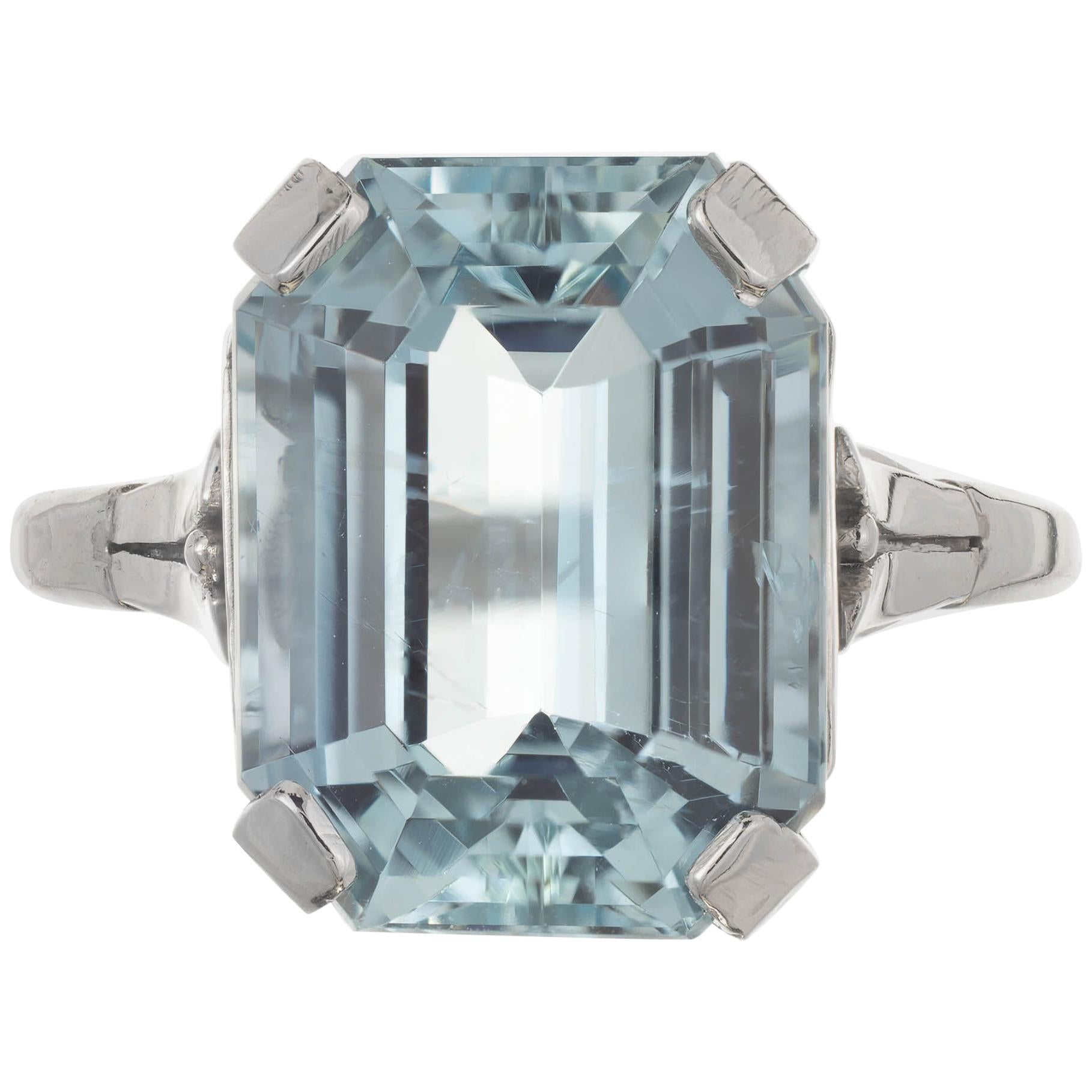 6.05 Carat Green Blue Aquamarine Pierced Platinum Art Deco Engagement Ring For Sale