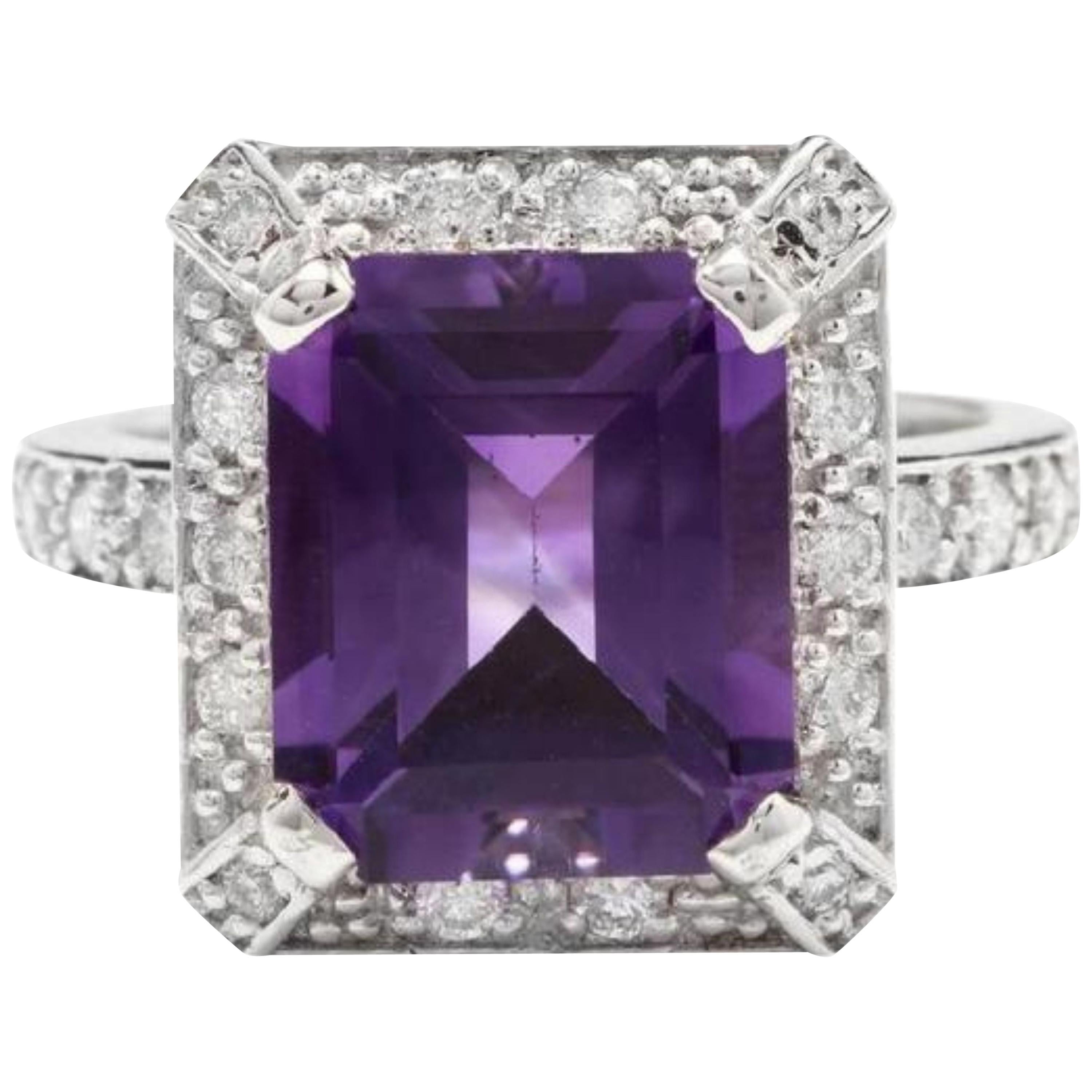 6,05 Quilates Impresionante Anillo de Amatista Natural y Diamante en Oro Blanco de 14 Kilates