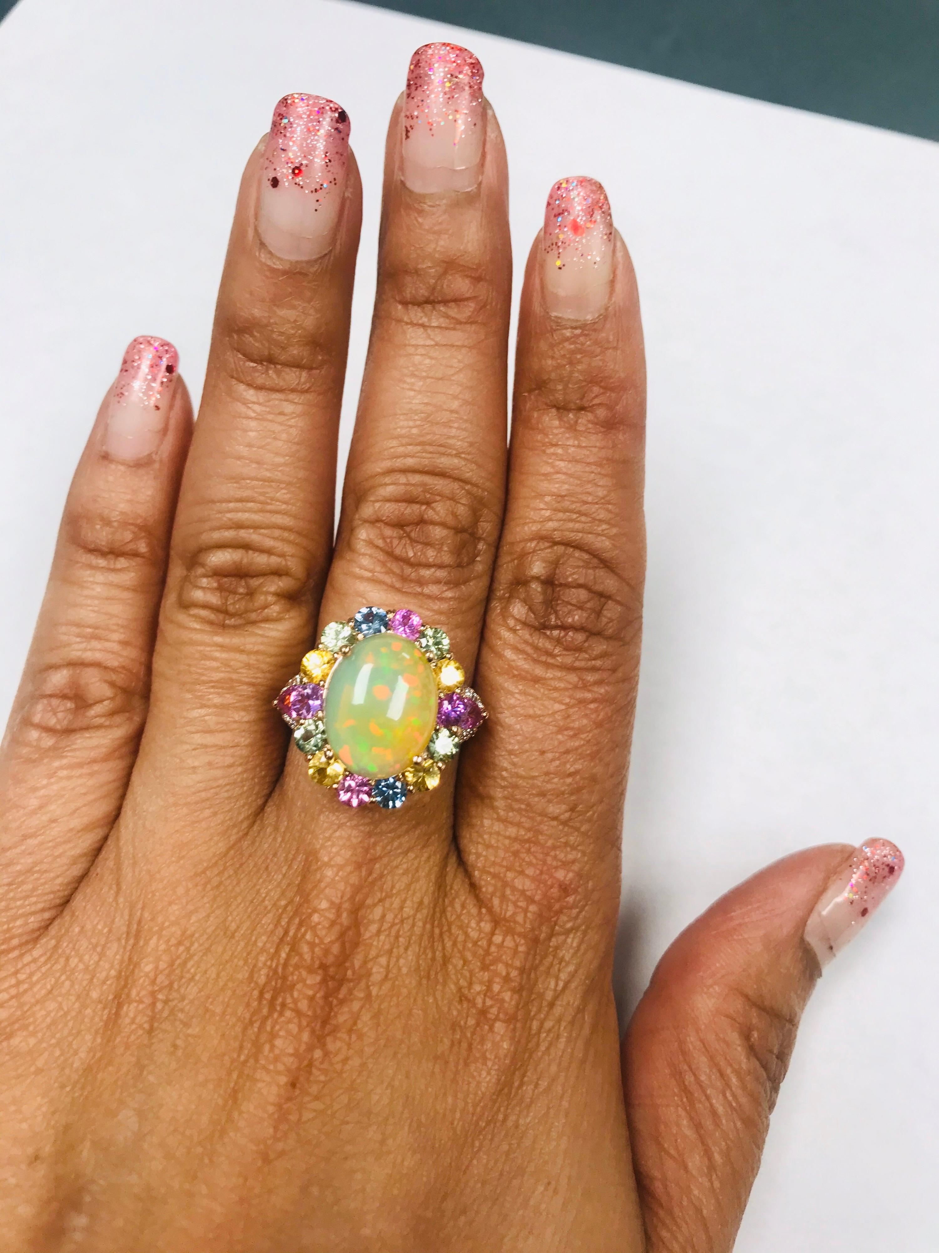 6.05 Carat Natural Opal Multi Sapphire Diamond 14 Karat Rose Gold Cocktail Ring 5