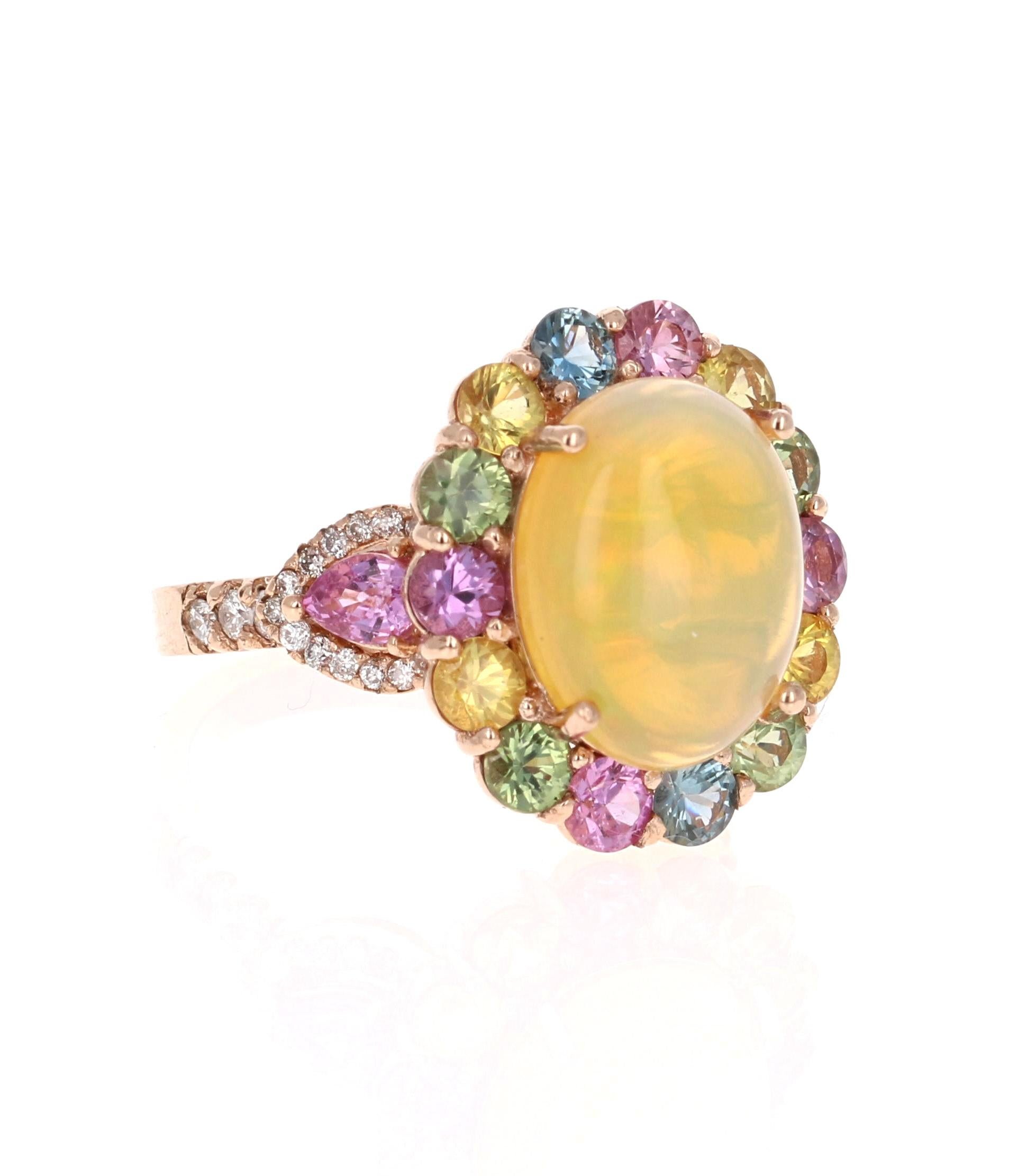 Simply a Beautiful Creation! 

6.05 Carat Oval Cut Opal, Multi Sapphire and Diamond 14 Karat Rose Gold Cocktail Ring

Unique and beautifully designed cocktail ring that can be a great addition to anyone's accessory collection!   

This ring has a