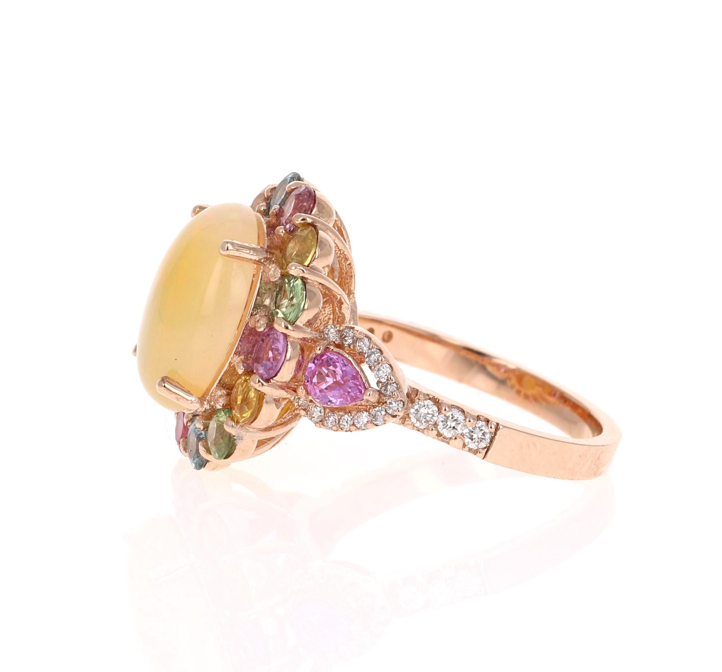 Oval Cut 6.05 Carat Natural Opal Multi Sapphire Diamond 14 Karat Rose Gold Cocktail Ring