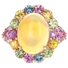 6.05 Carat Natural Opal Multi Sapphire Diamond 14 Karat Rose Gold Cocktail Ring