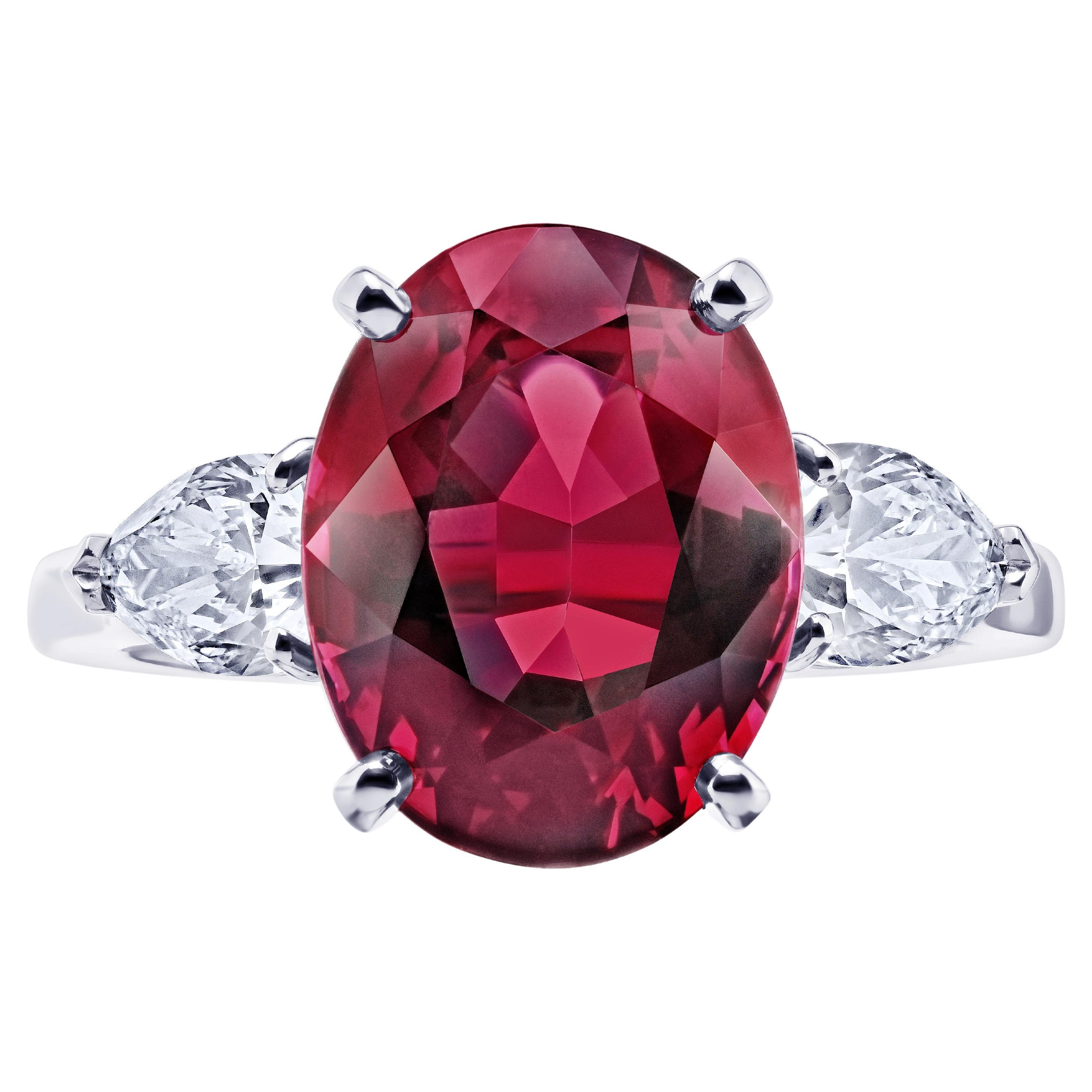 6.05 Carat Oval Red Spinel and Diamond Platinum Ring For Sale