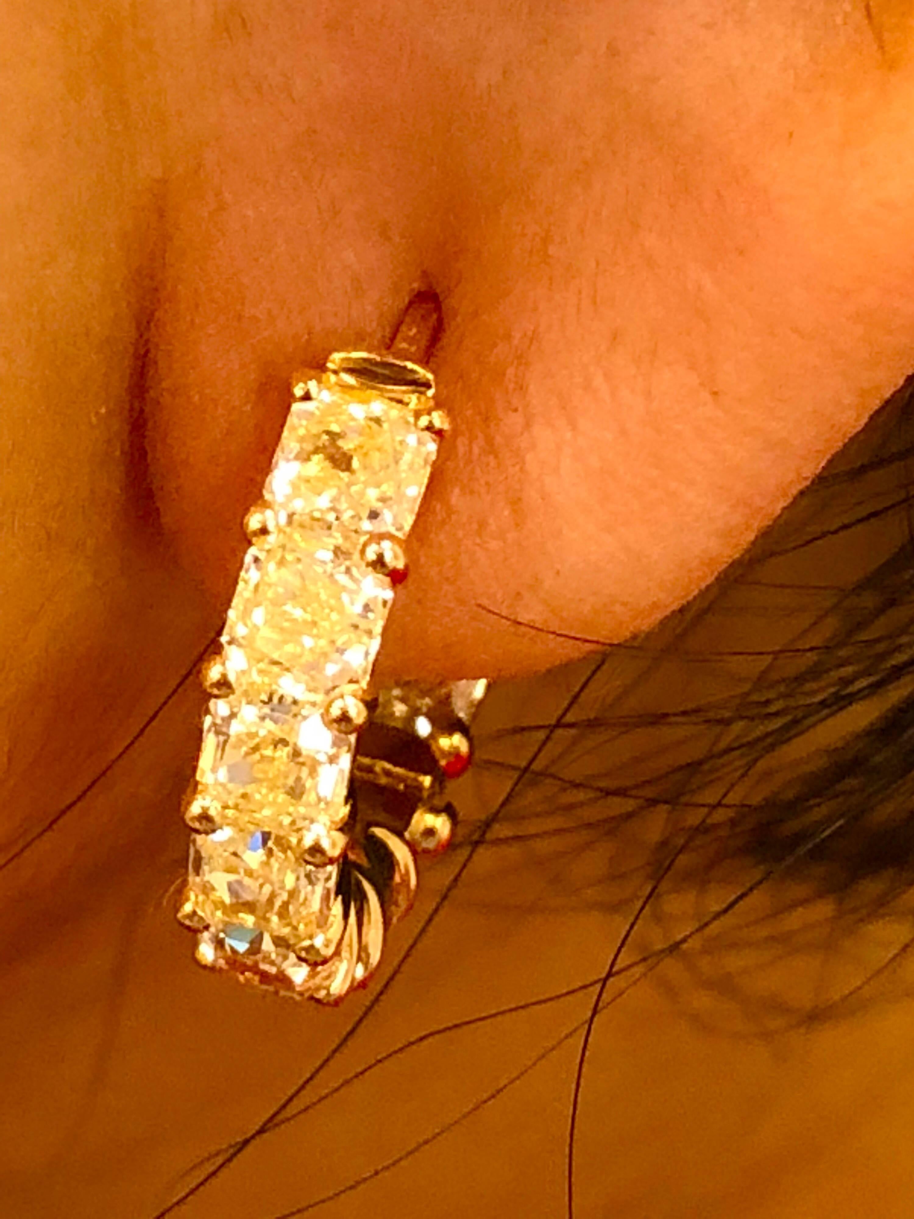 6.05 Carat Radiant Fancy Yellow Diamond Hoop Earrings In New Condition In New York, NY