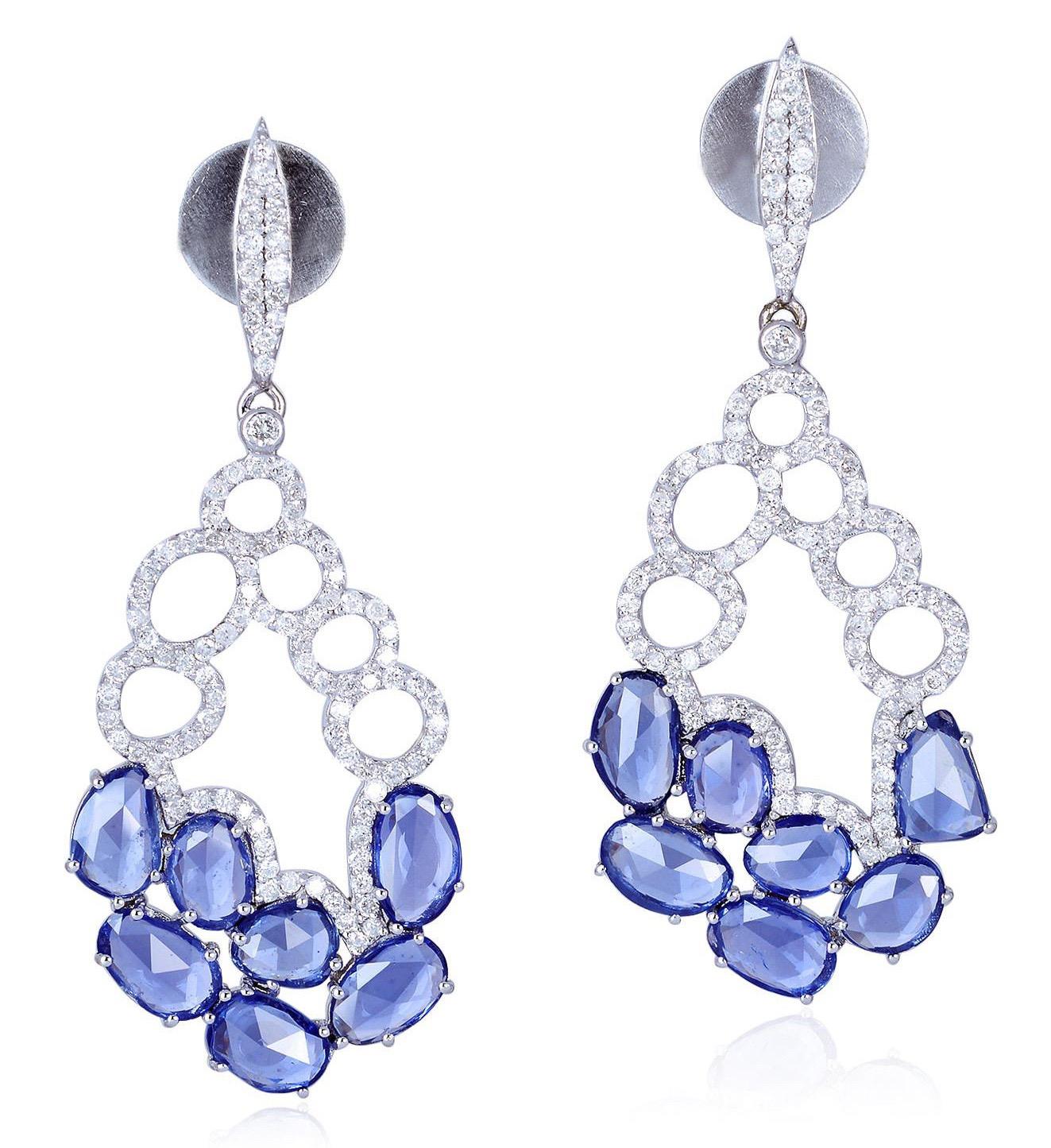 Mixed Cut 6.05 Carat Sapphire Diamond 18 Karat Gold Earrings For Sale