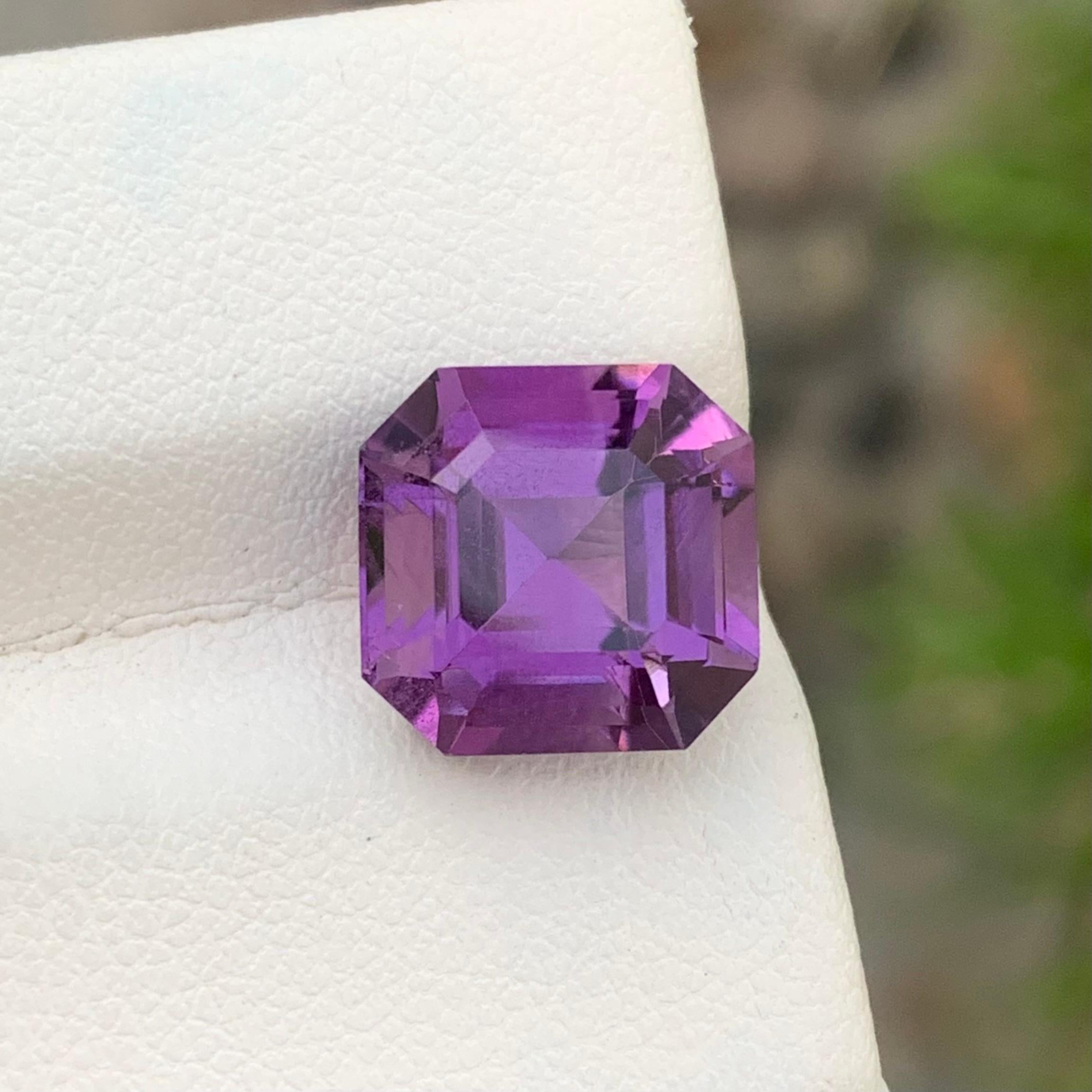 Loose Amethyst 
Weight: 6.05 Carats 
Dimension: 10.9x10.6x8.1 Mm
Origin: Brazil
Shape: Asscher Cut
Color: Purple
Treatment: Non
Certificate: On Client Demand
Amethyst is a captivating violet variety of quartz, known for its stunning purple hue. Its