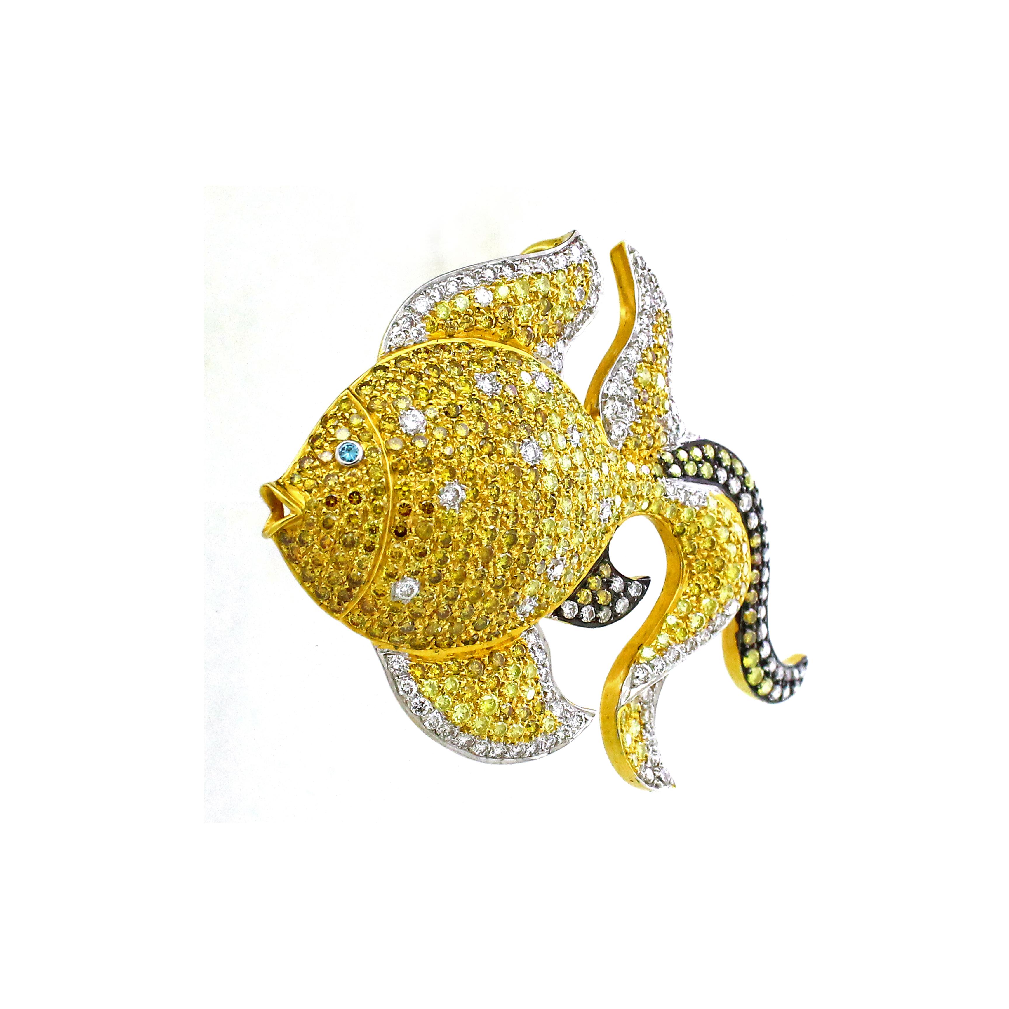 Dive into a sea of elegance with this enchanting fish-inspired brooch, a testament to exquisite artistry and unparalleled craftsmanship. Crafted in 18K yellow gold, weighing 19.88 grams, this unique piece captures the fluidity and grace of aquatic