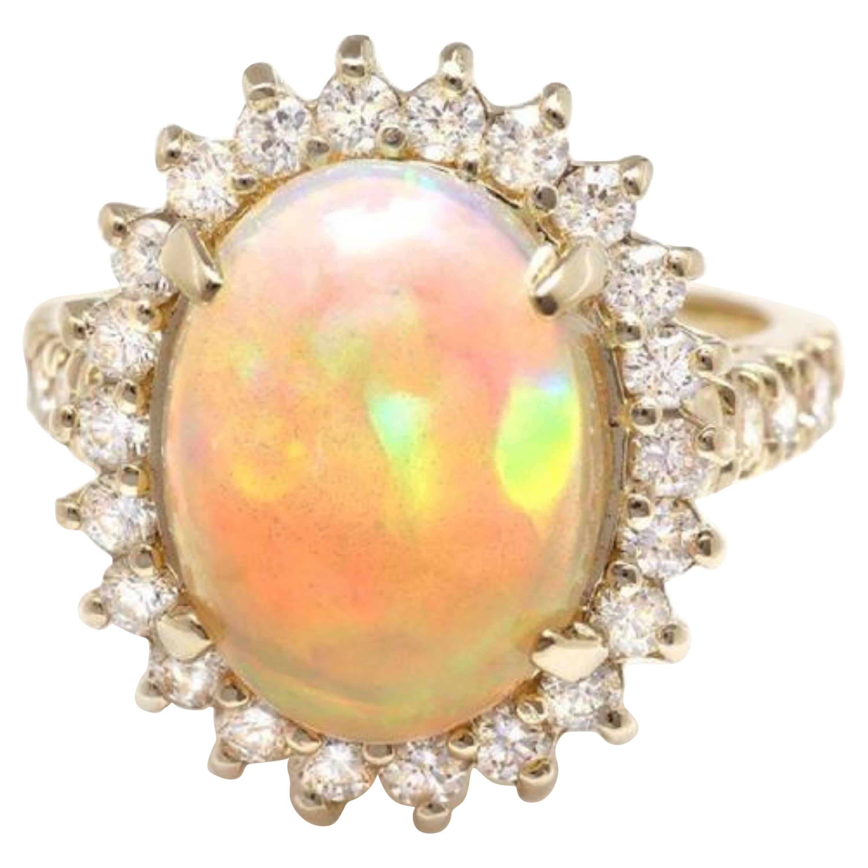 6.05 Ct Natural Impressive Ethiopian Opal and Diamond 14 Karat Solid Gold Ring For Sale