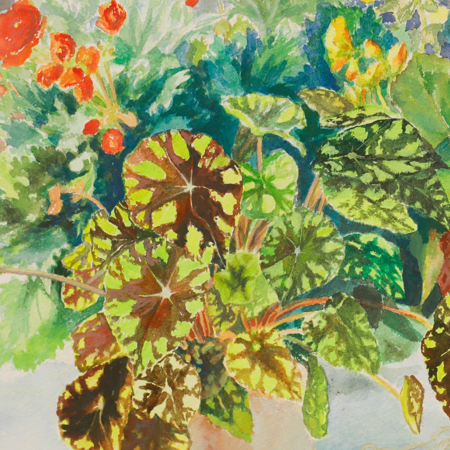 Bégonia en pot, aquarelle sur papier. Signé et daté '82. Bien présenté dans un grand cadre à effet doré avec une monture en lin. 
