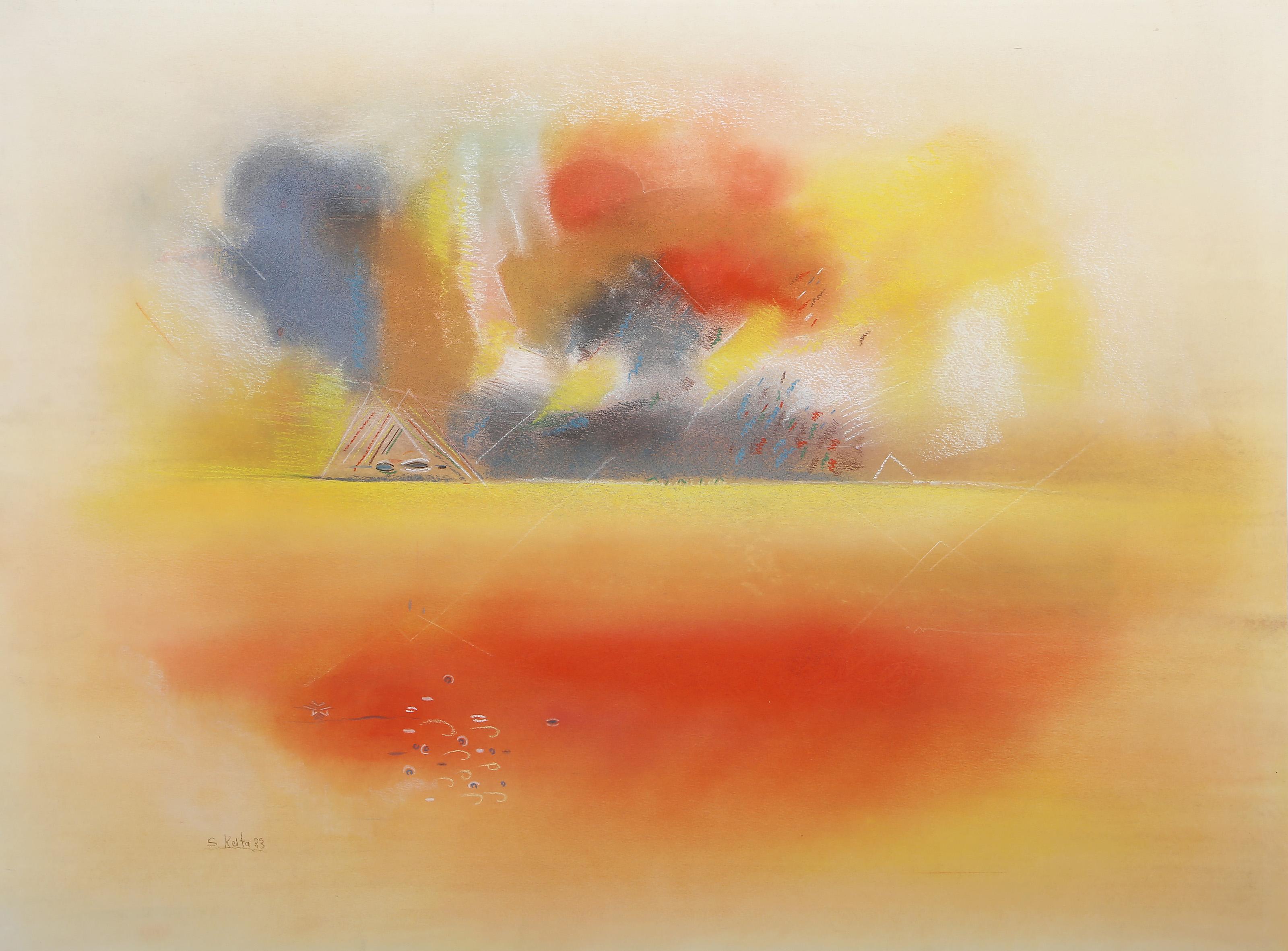 Souleymane Keita Abstract Drawing – Sonnenuntergang über Berglandschaft, abstrakte expressionistische pastellfarbene Zeichnung von Souleymane