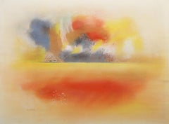 Puesta de sol sobre paisaje montañoso, dibujo al pastel expresionista abstracto de Souleymane