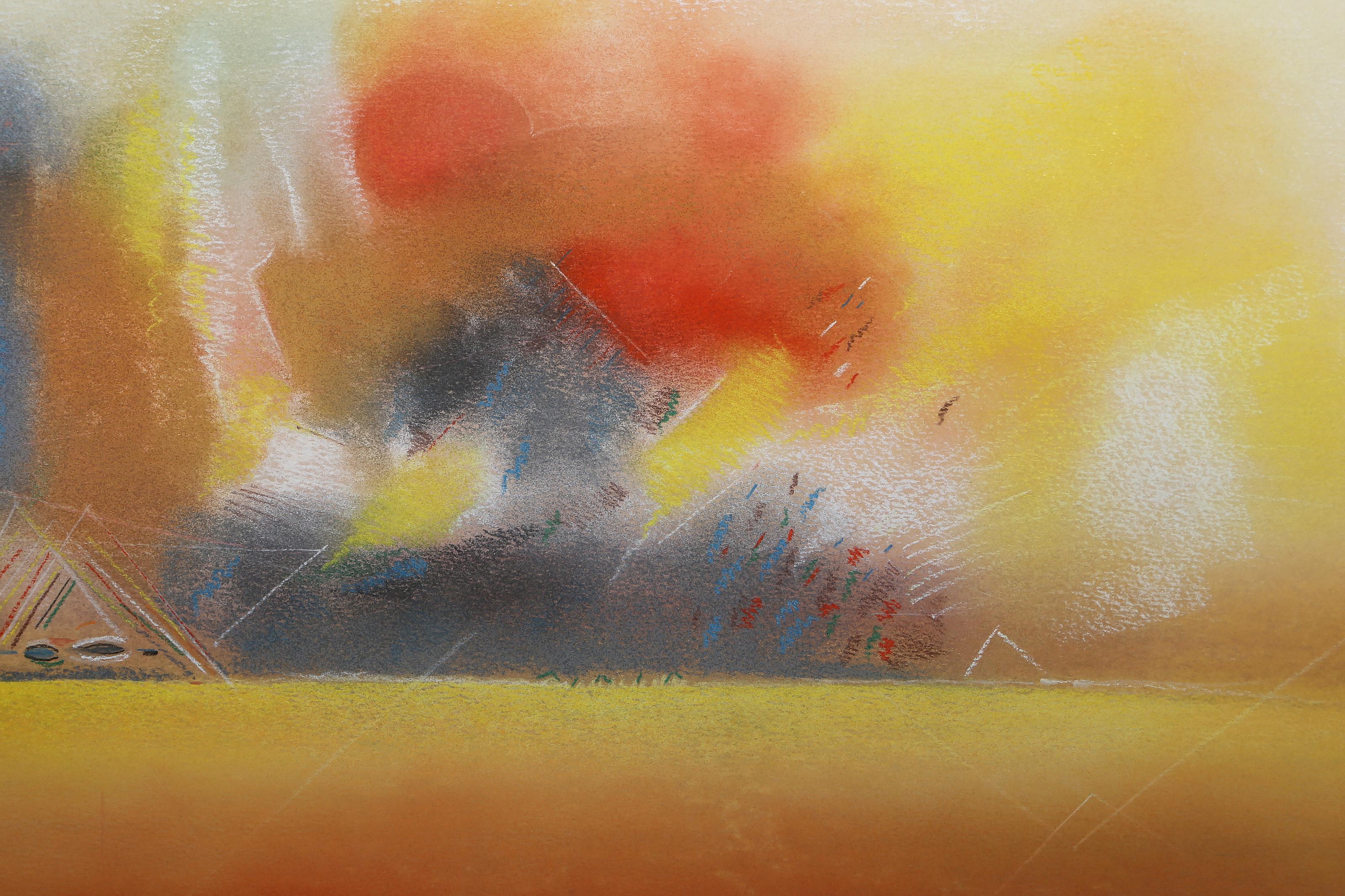 Sonnenuntergang über Berglandschaft, abstrakte expressionistische pastellfarbene Zeichnung von Souleymane – Art von Souleymane Keita