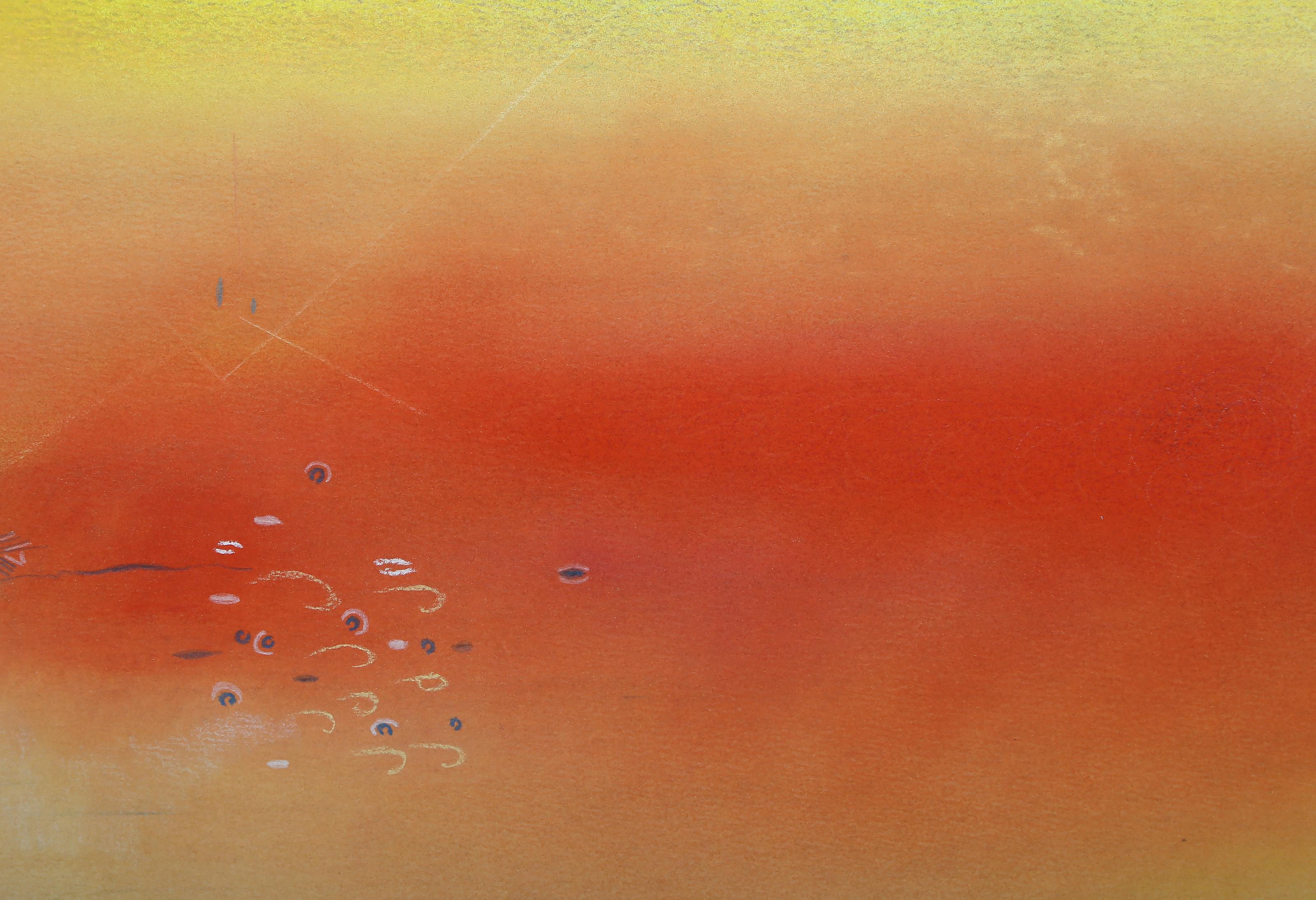 Sonnenuntergang über Berglandschaft, abstrakte expressionistische pastellfarbene Zeichnung von Souleymane (Abstrakter Expressionismus), Art, von Souleymane Keita