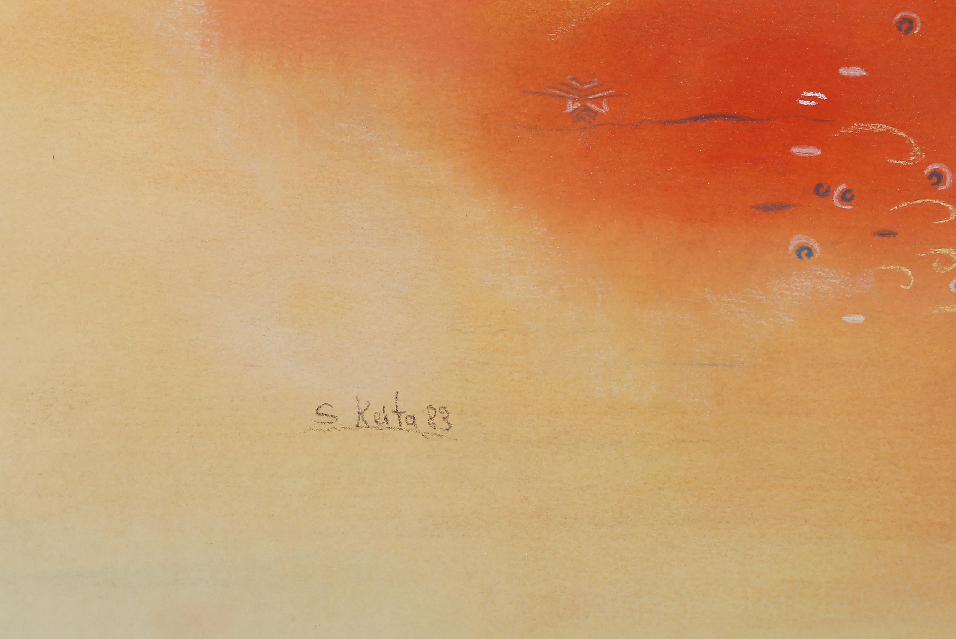 Sonnenuntergang über Berglandschaft, abstrakte expressionistische pastellfarbene Zeichnung von Souleymane (Beige), Abstract Drawing, von Souleymane Keita