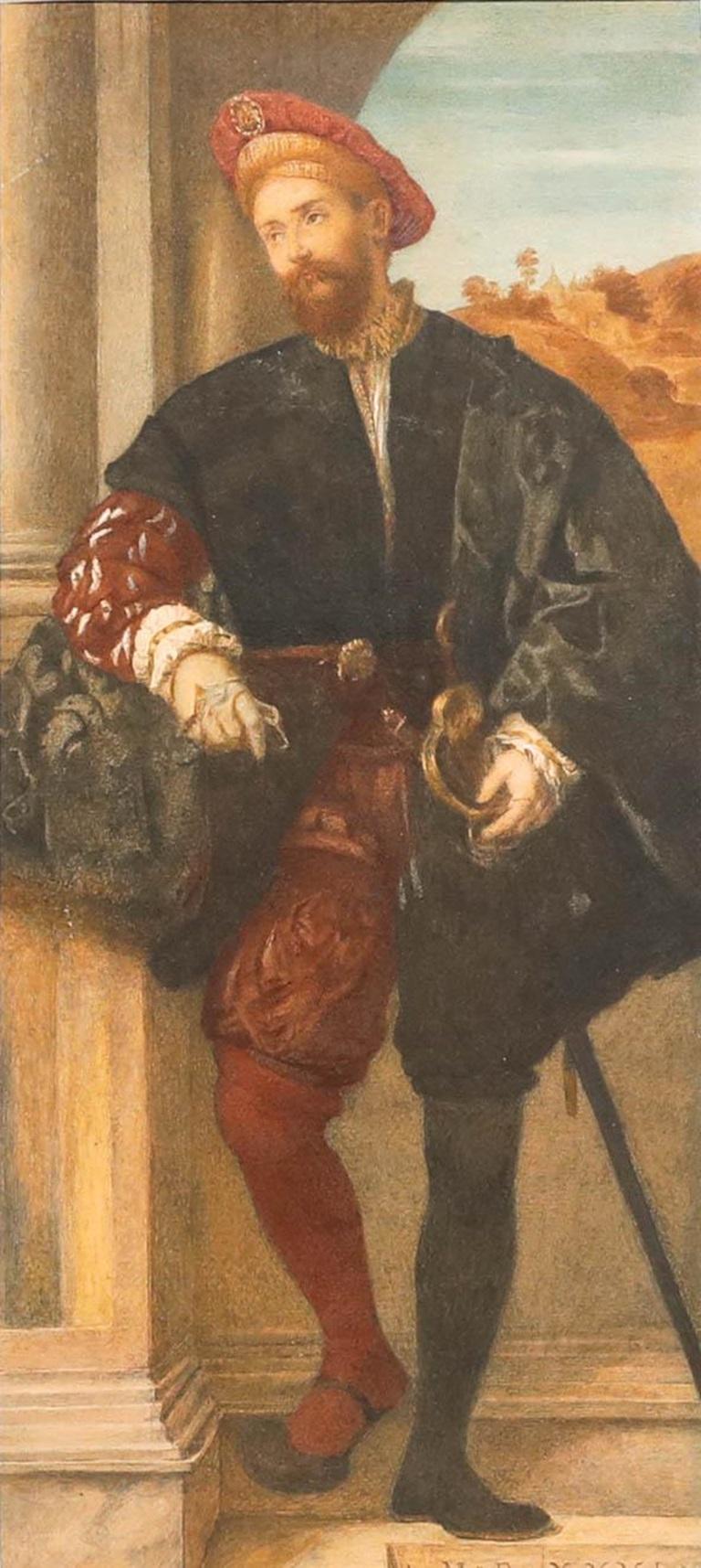 Belle aquarelle du XIXe siècle du peintre italien de la Renaissance Moretto, Portrait d'un homme. Daté en chiffres romains en bas à droite (1562). Présenté dans un cadre orné d'un effet doré avec de délicats motifs courants et une ornementation