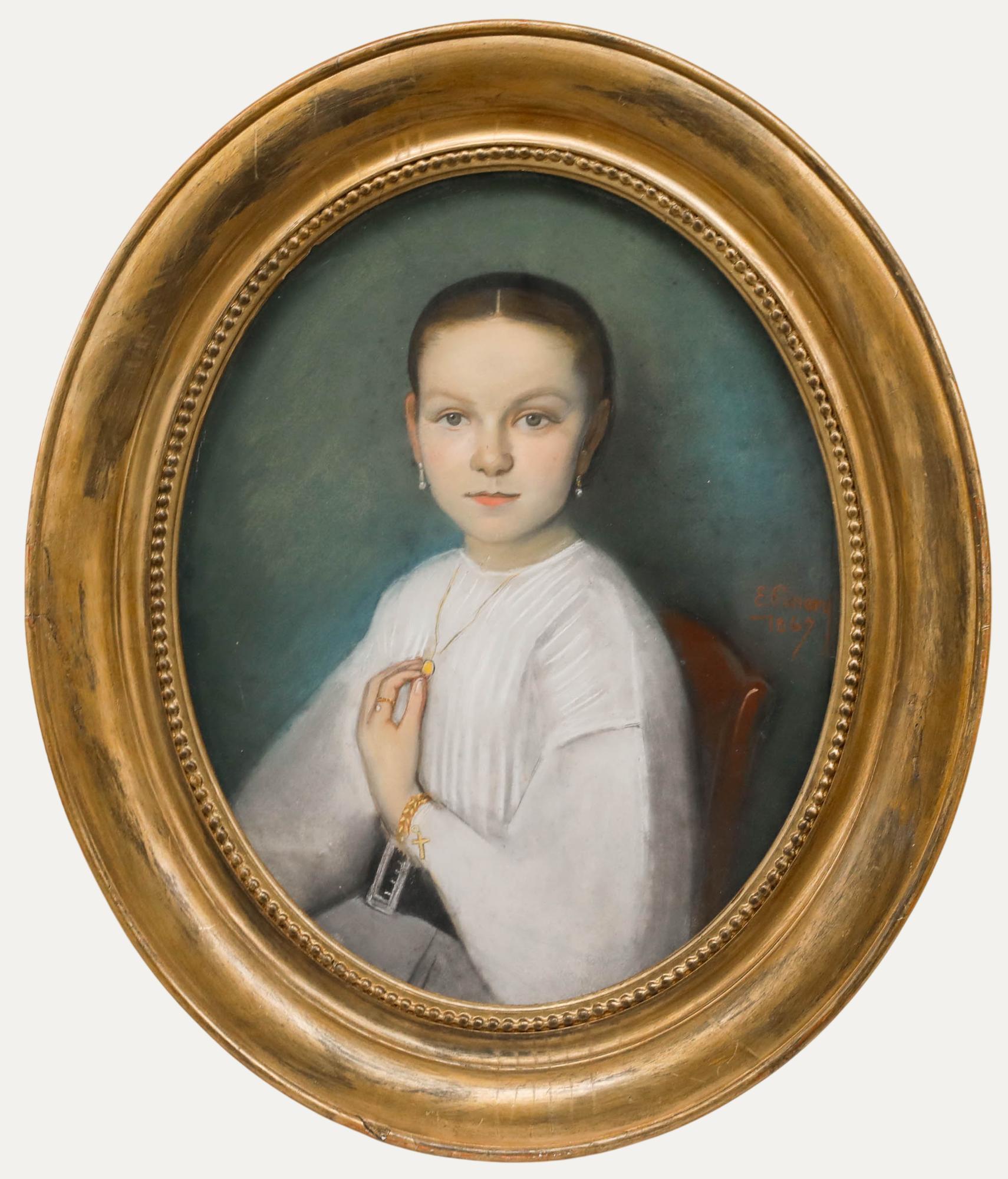 Gerahmt 1867 Pastell - Porträt eines jungen Mädchens in Weiß, gerahmt