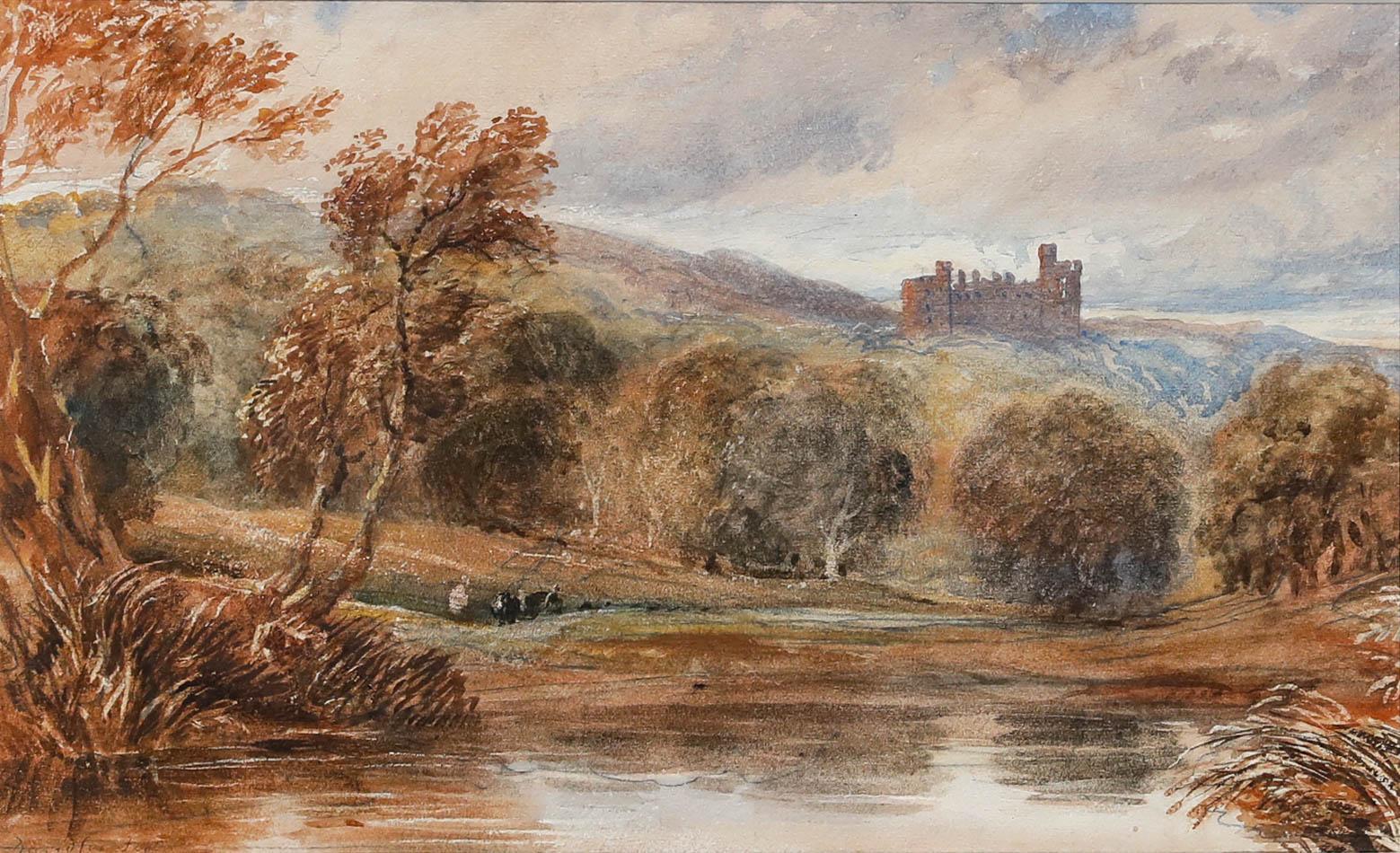 David Cox Jnr. ARWS (1809-1885) - Acquerello della metà del XIX secolo, Un castello lontano - Art di Unknown
