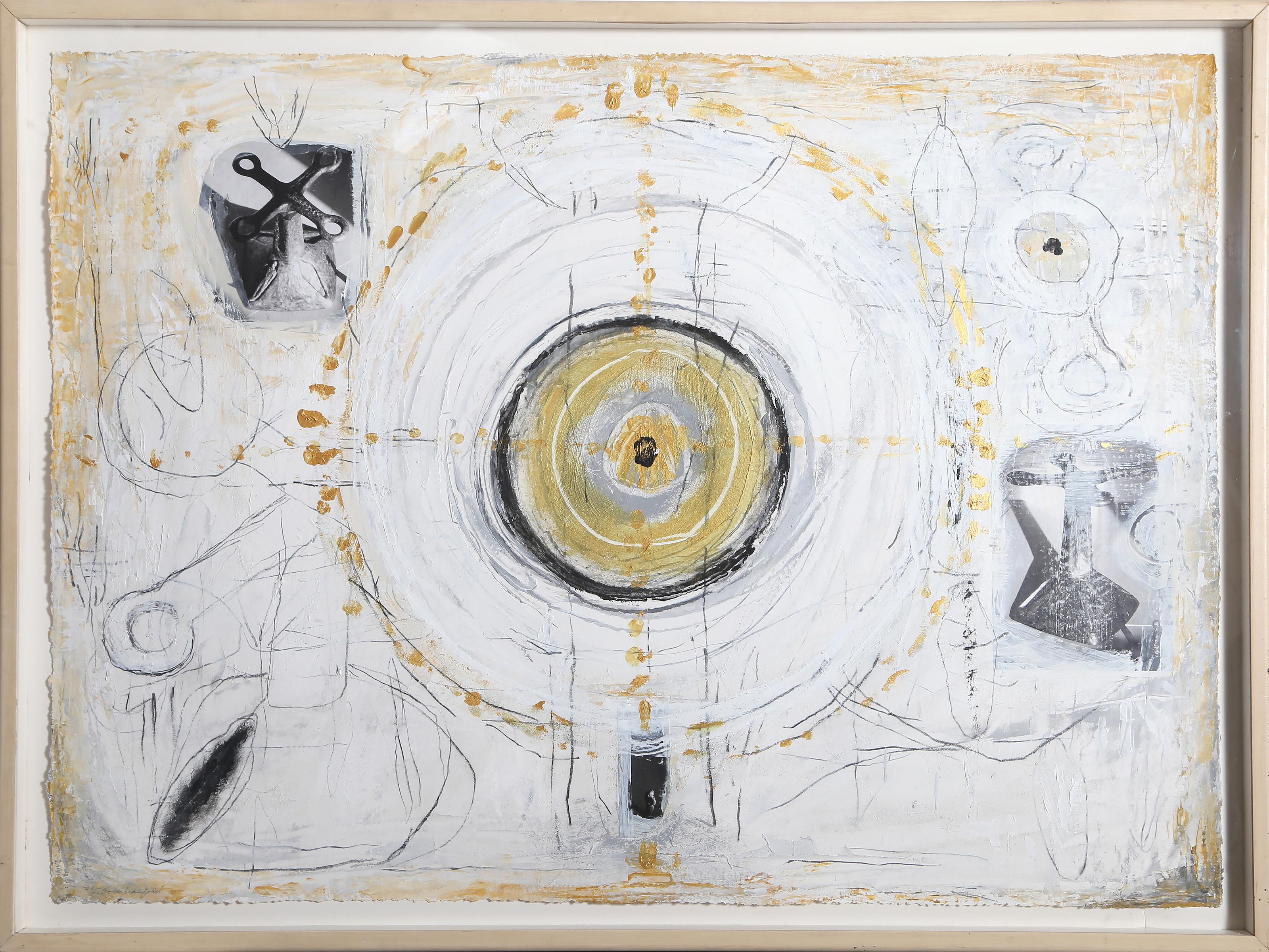 Thom Cooney-Crawford, Amerikaner (1944 - ) - Drain Vortex, Jahr:  2000, Medium:  Acryl, Collage und Blattgold auf Papier, signiert und datiert mit Bleistift unten rechts, Größe:  30 x 41.25 in. (76.2 x 104.78 cm), Rahmengröße:  34 x 45,25 Zoll
