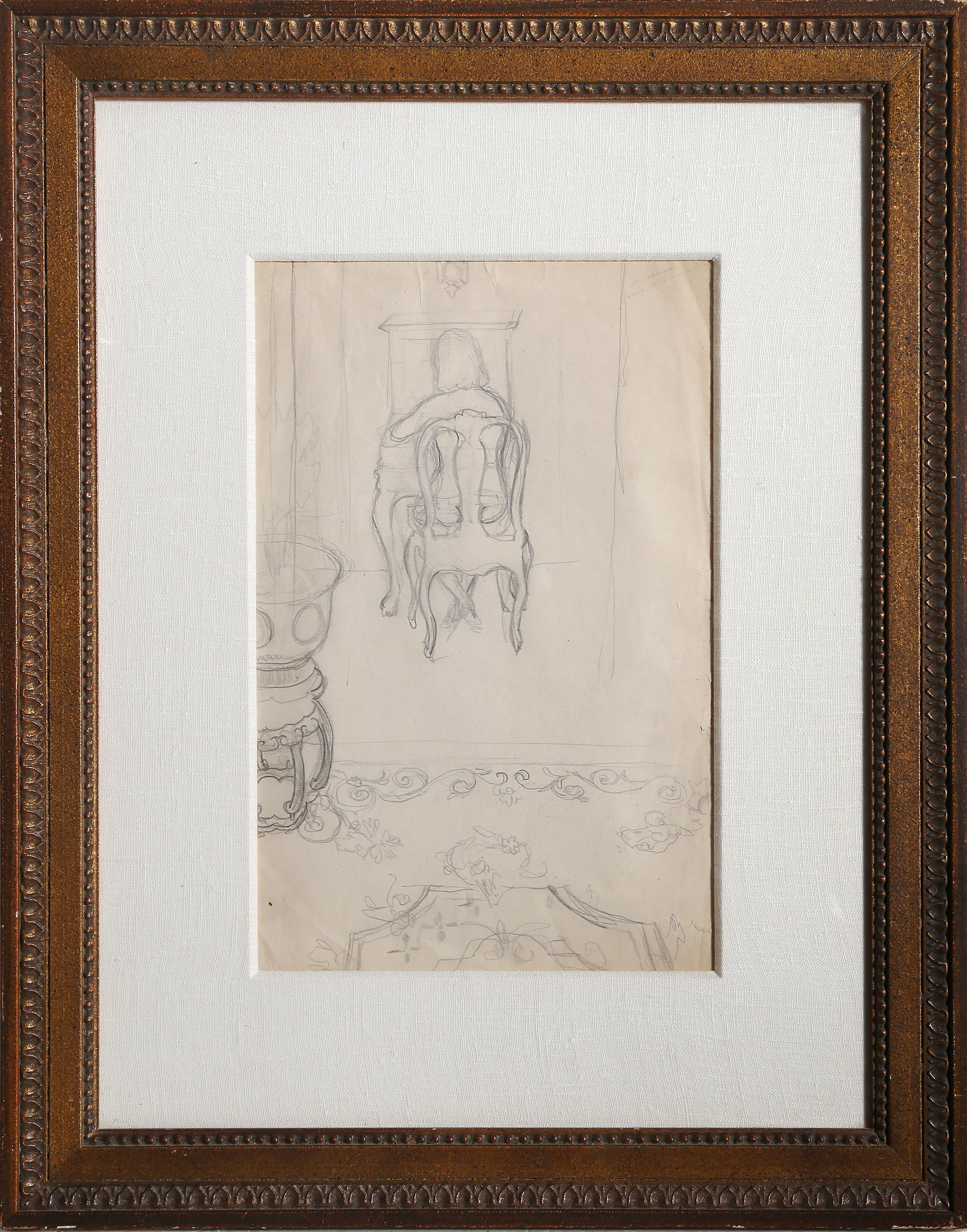 John Koch, American (1909 - 1978) - Interior Bedroom Scene, Year:  circa 1970, Medium:  Graphite on Paper, signed in pencil lower right, Size:  17 x 11 in. (43.18 x 27.94 cm), Frame Size:  29 x 23 inches

