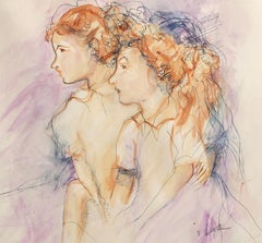 Two Girls, Impressionist Gouache Painting by Ernst Berger