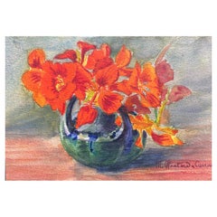 Early 1900's French Impressionist Signed Flower Watercolour by Marie Carreau