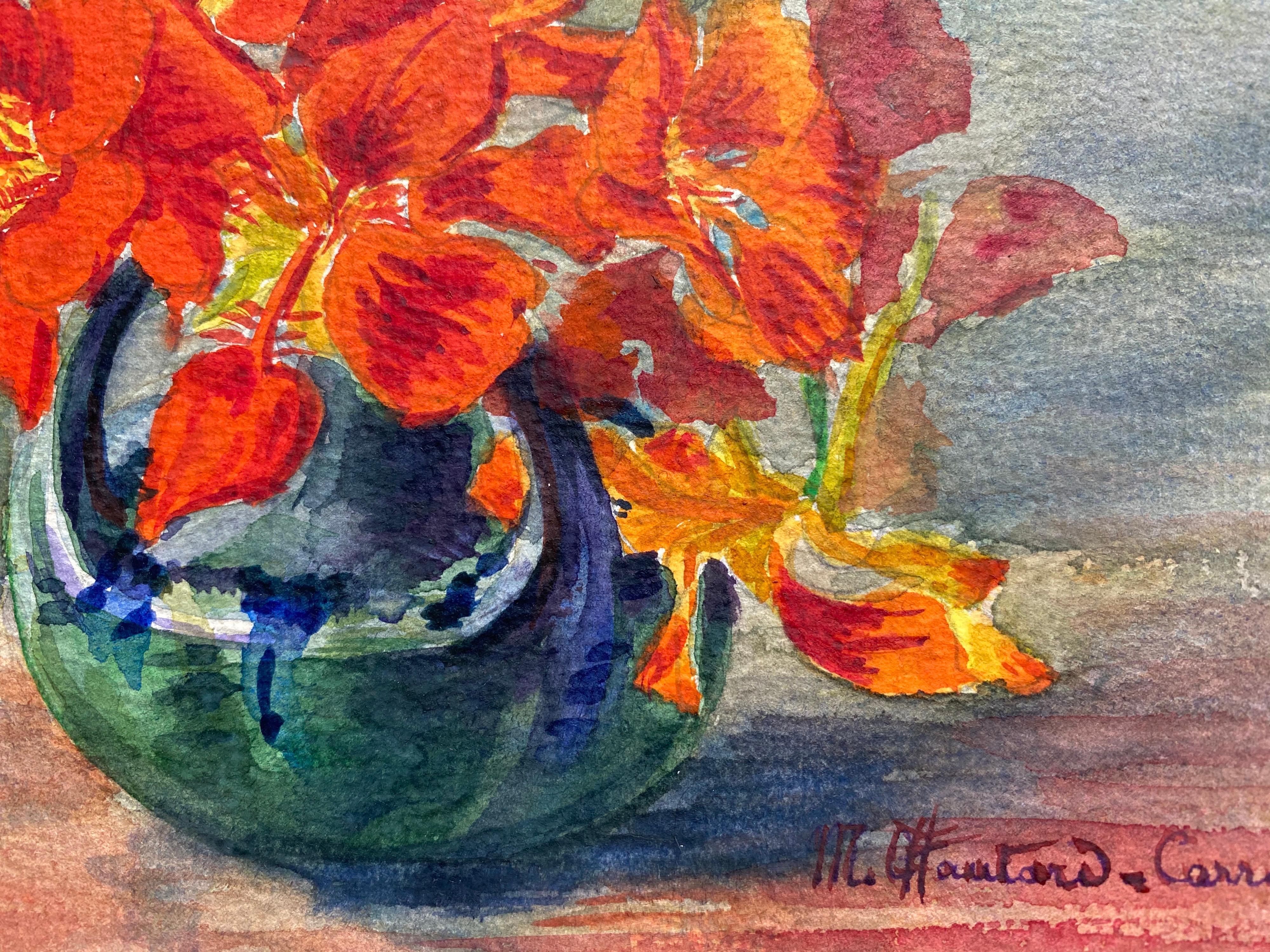 Early 1900's French Impressionist Signed Flower Watercolour by Marie Carreau - Brown Still-Life by Unknown