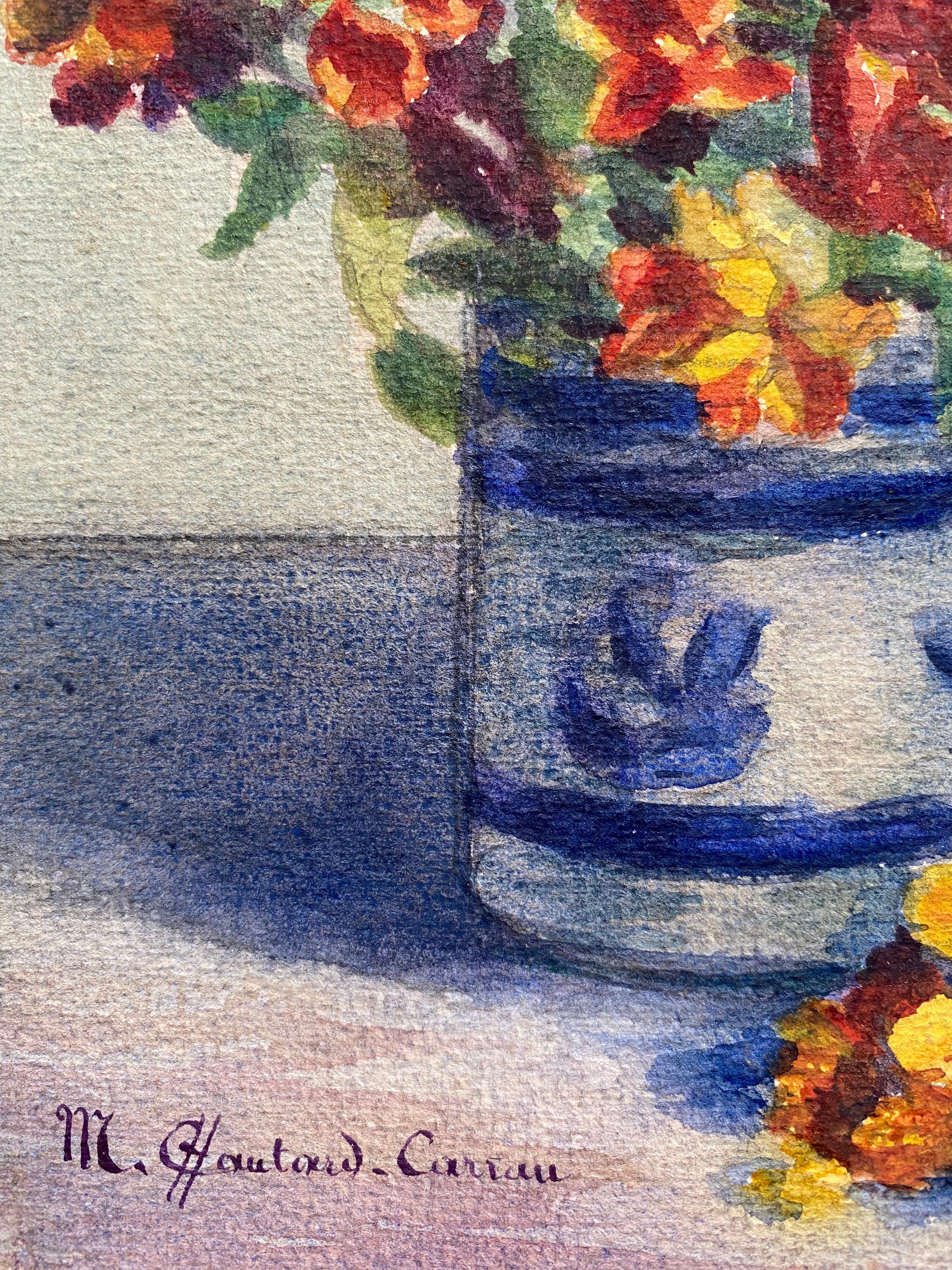 Early 1900's French Impressionist Signed Flower Watercolour by Marie Carreau - Brown Still-Life by Unknown