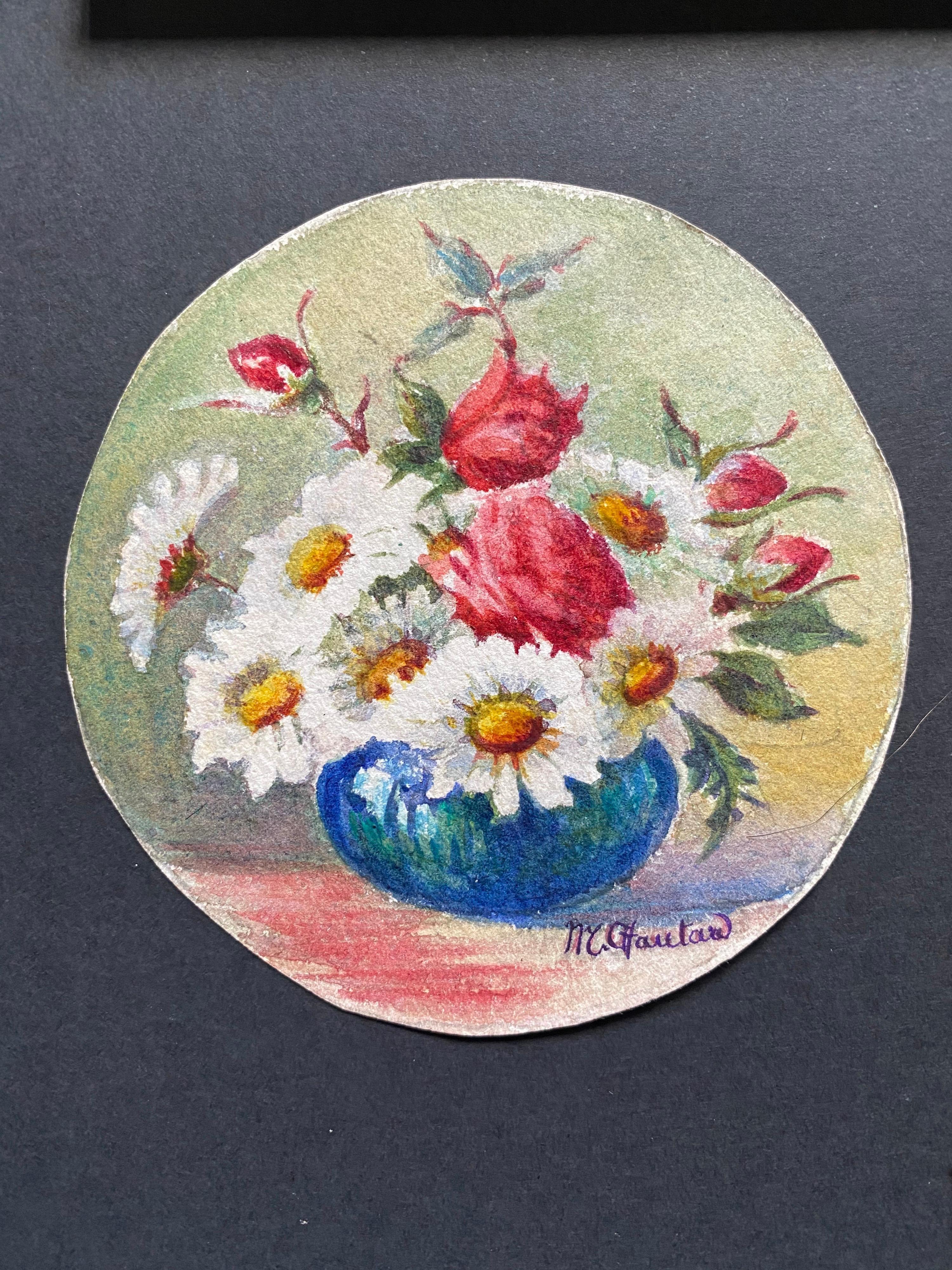 3 x 1900's French Impressionist Signed Flower Watercolours by Marie Carreau - Beige Still-Life by Unknown
