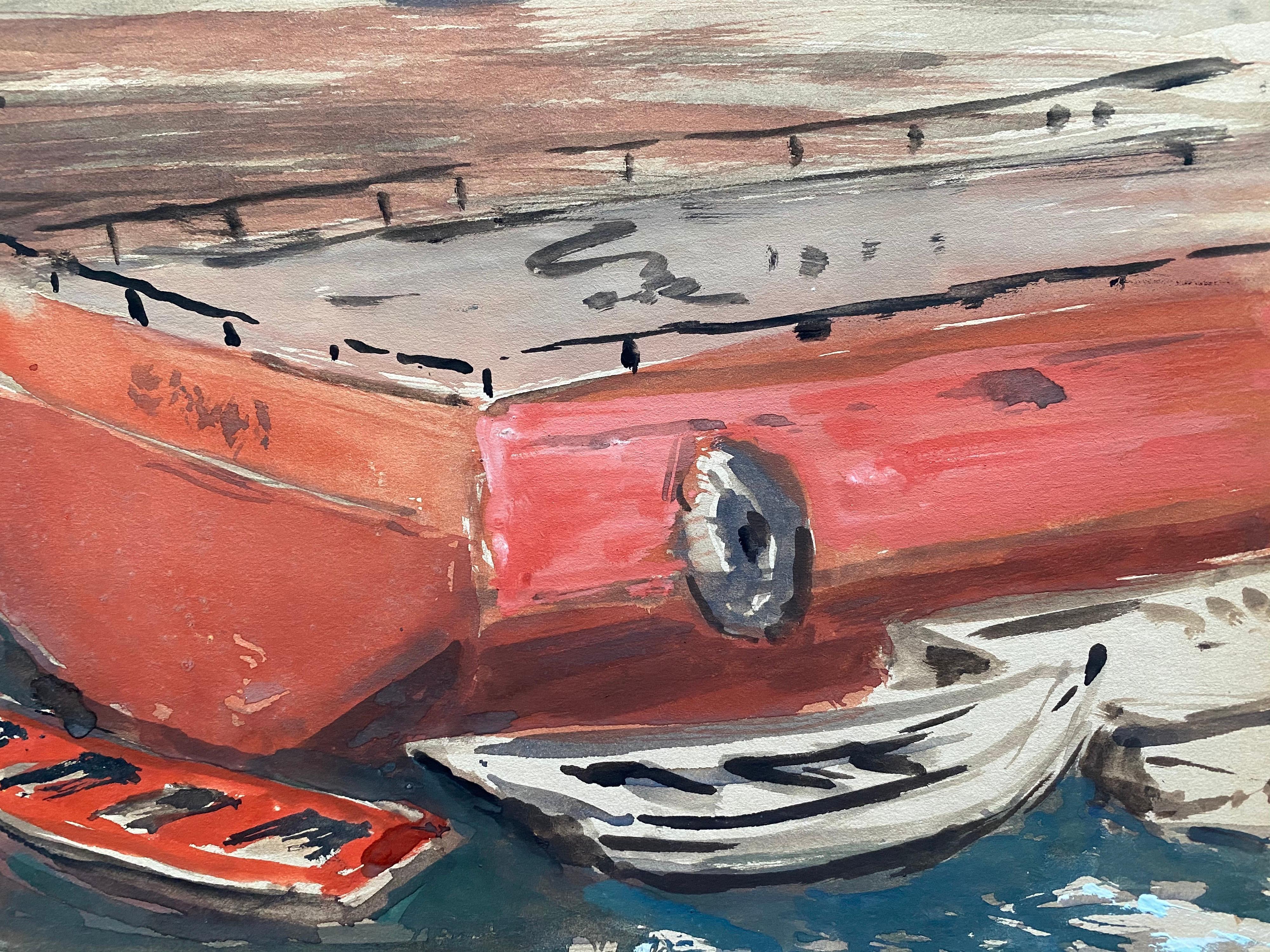 Pittura ad acquerello della metà del 20° secolo di un artista irlandese sul porto di Vigo. - Landscape Art Marrone di Unknown