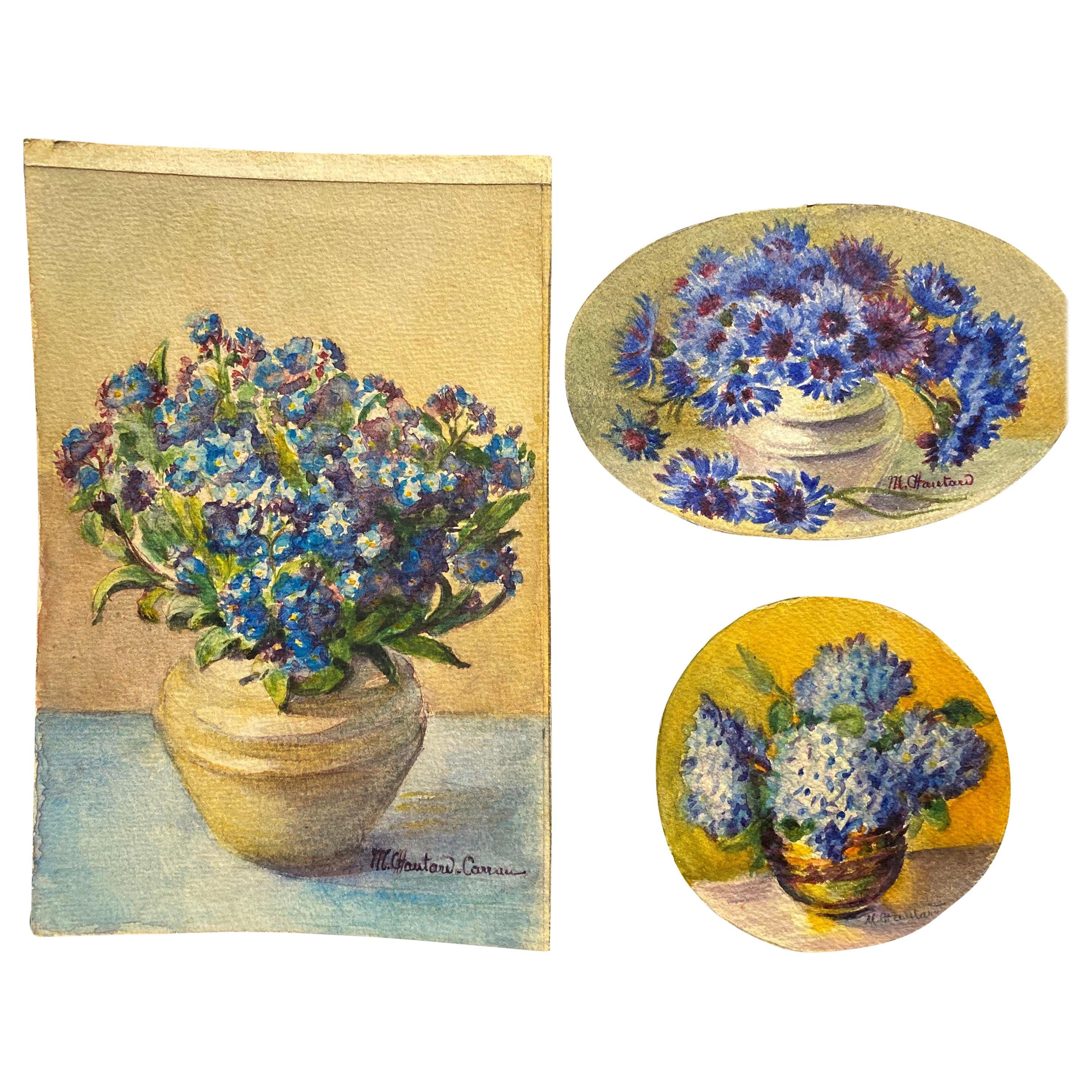 Unknown Still-Life - 3 x Early 1900's French Impressionist Signed Flower Watercolours Marie Carreau