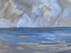 Pintura en acuarela de un artista irlandés de mediados del siglo XX sobre un paisaje marino tormentoso de cielo azul