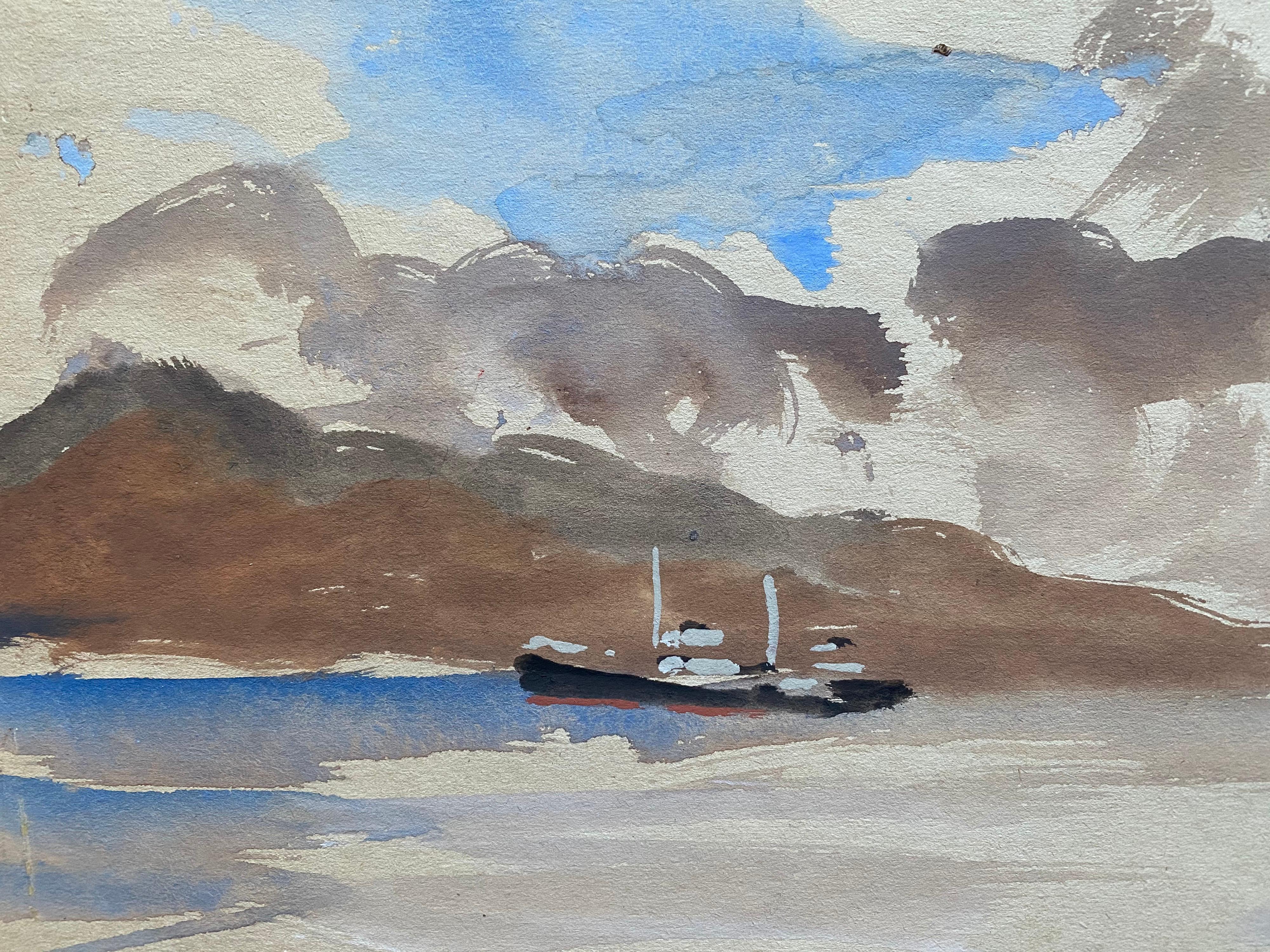 Mid 20th C. Irish Artist Watercolor Painting - Vigo Spain Coastal Landscape Boat - Gray Landscape Art by Unknown